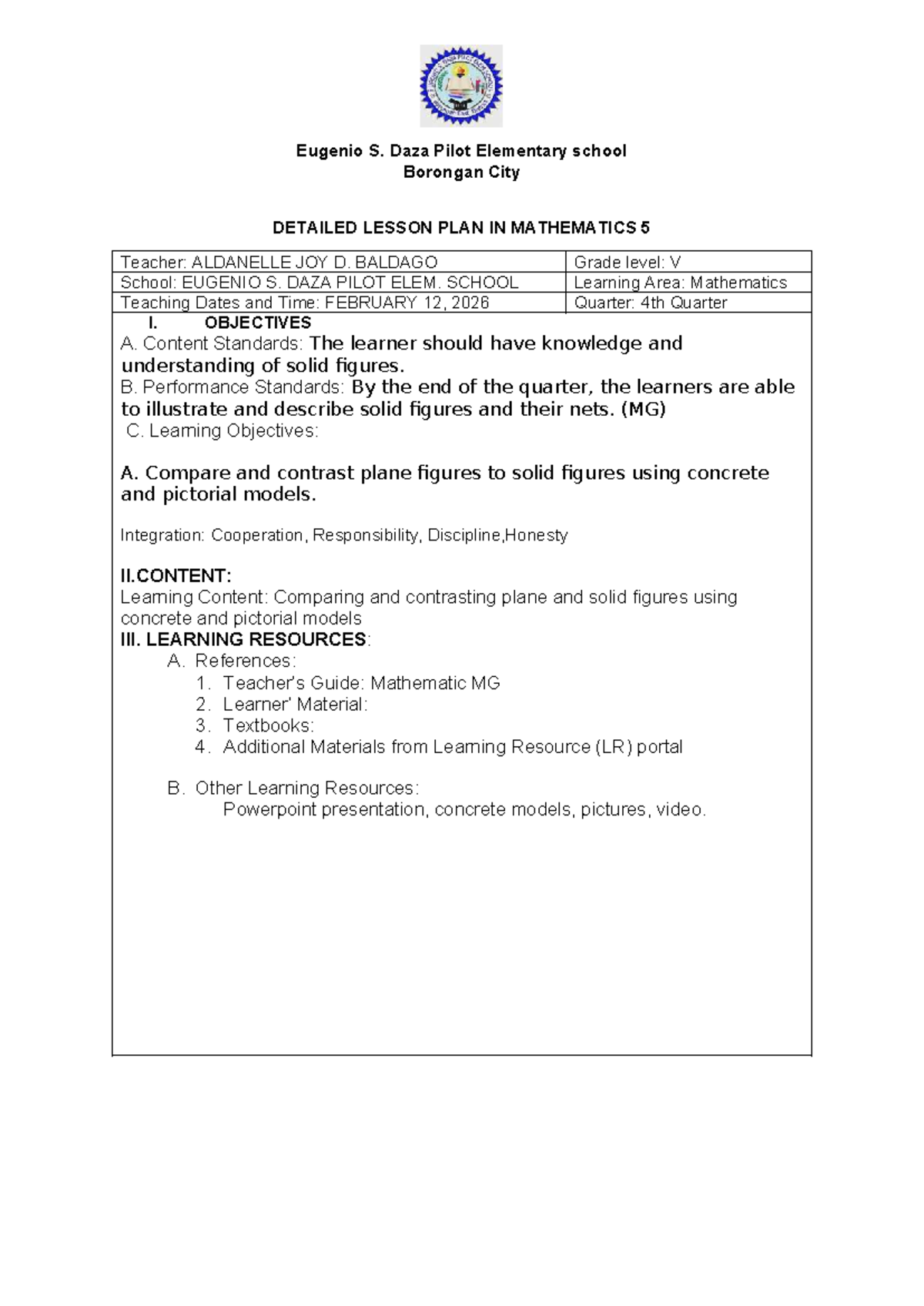 Detailed Lesson Plan in Mathematics 5: Comparing Plane & Solid Figures ...