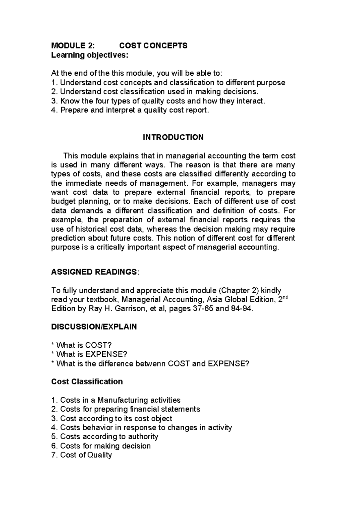 Module 2 - Cost Concepts-1 - MODULE 2: COST CONCEPTS Learning ...