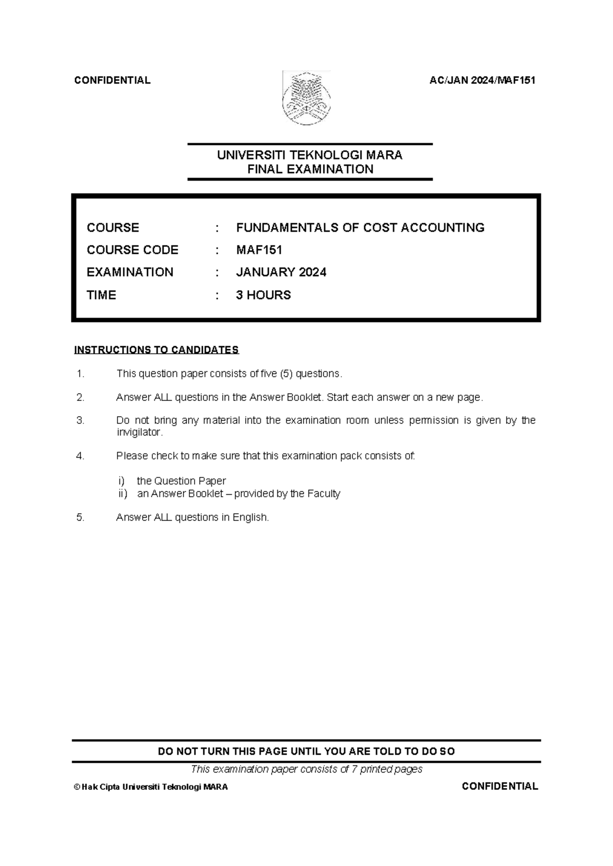 MAF151 Final Exam January 2024 - Fundamentals of Cost Accounting - Studocu