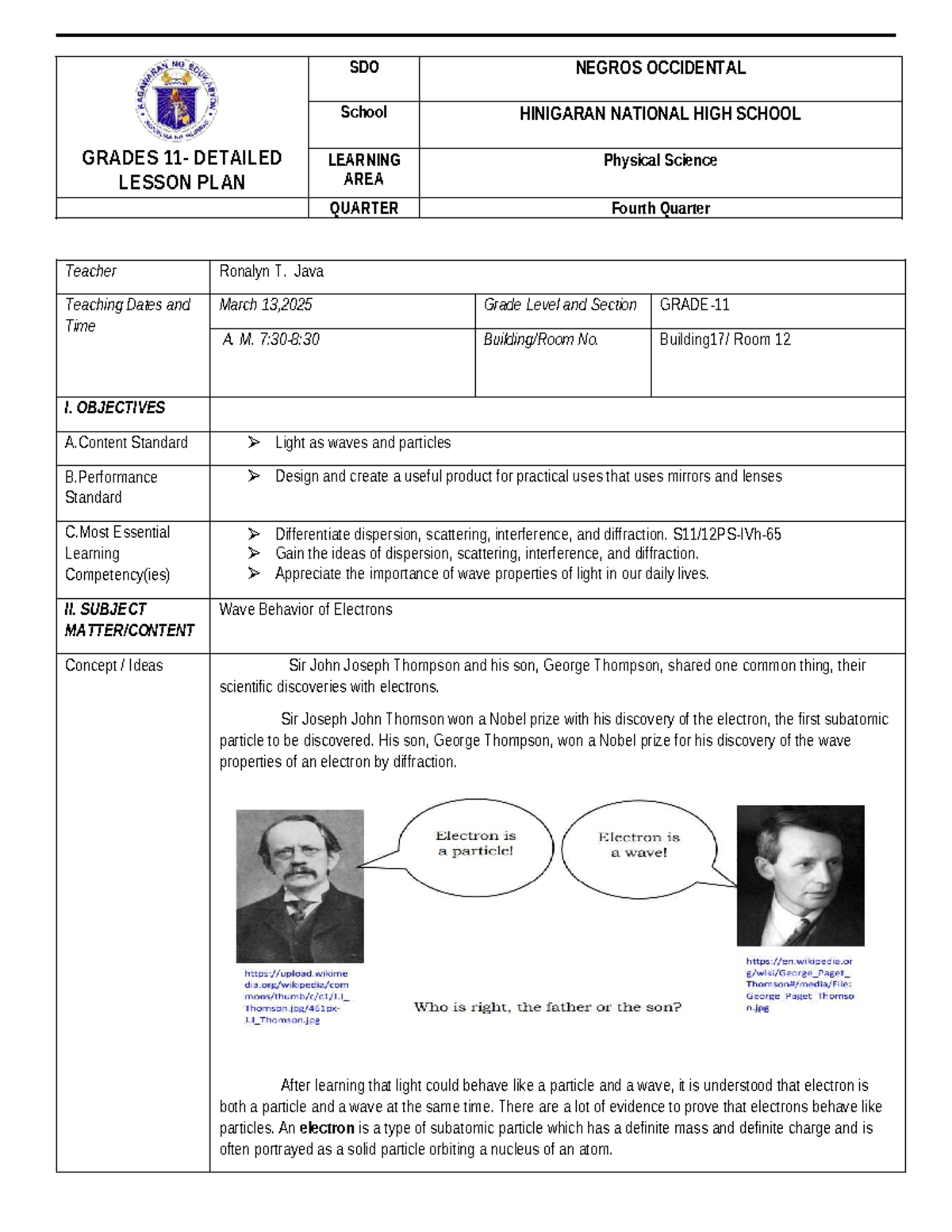 Detailed Lesson Plan in Physical Science (84222003) - Wave Behavior of ...