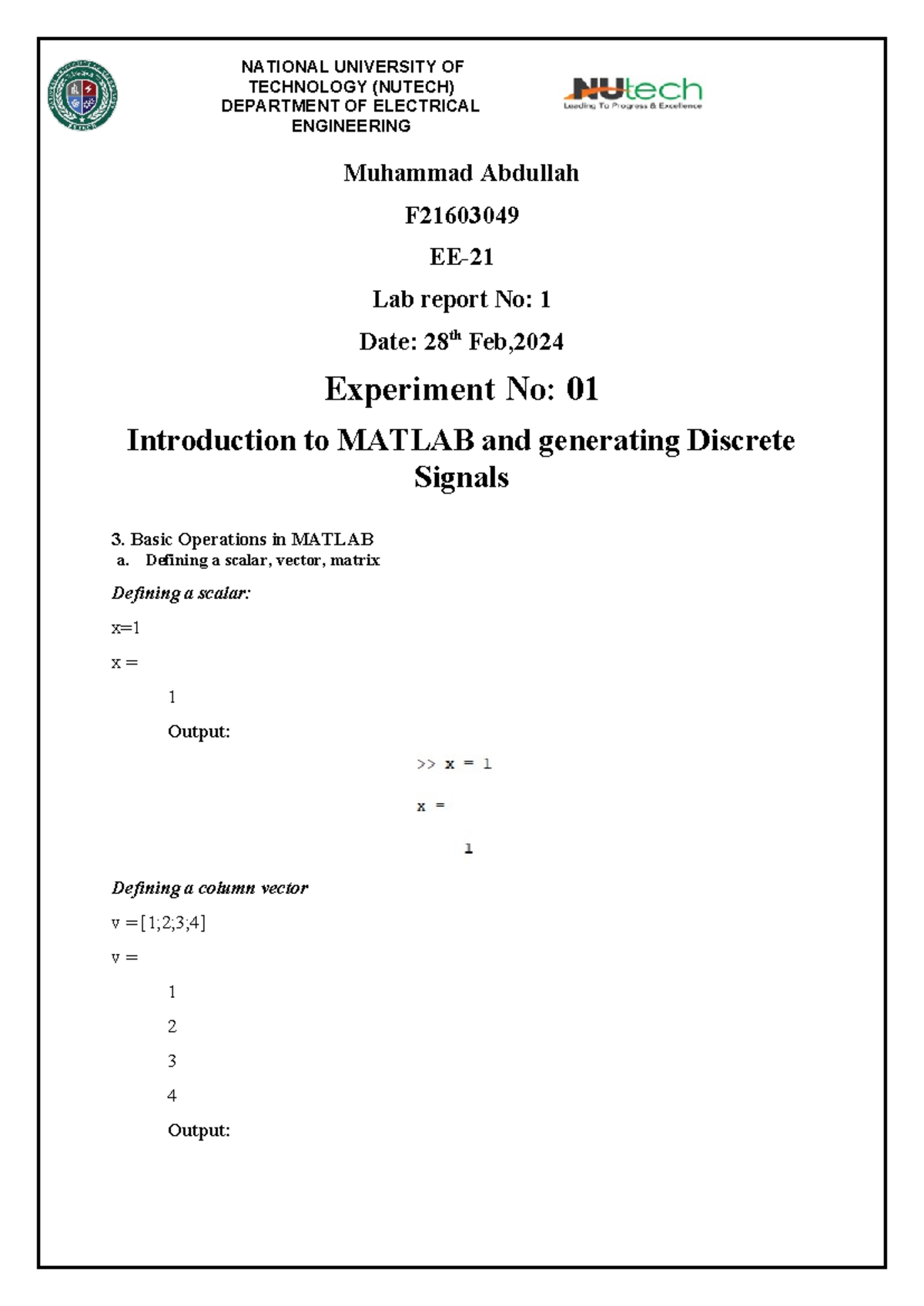 EE 49 Lab 1: Introduction to MATLAB & Discrete Signals Generation - Studocu