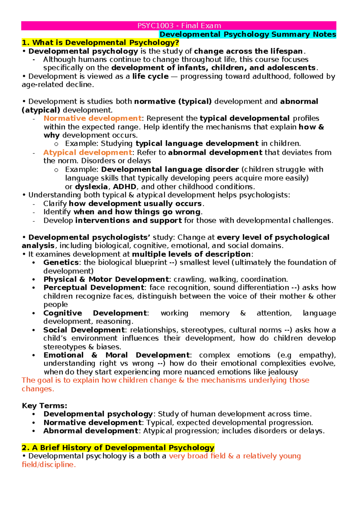 PSYC1003 Final Exam Developmental Psychology Summary Notes - Studocu
