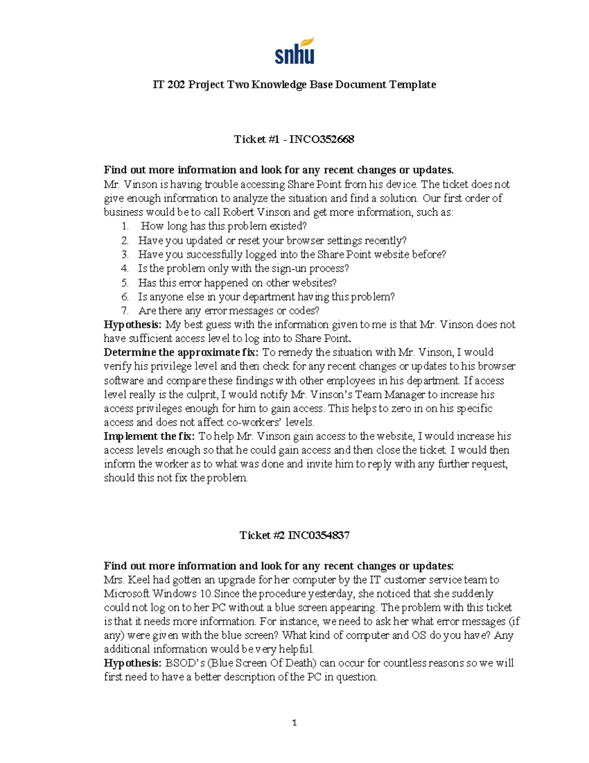 IT 202 Project Two Knowledge Base Document Template - Final Report ...