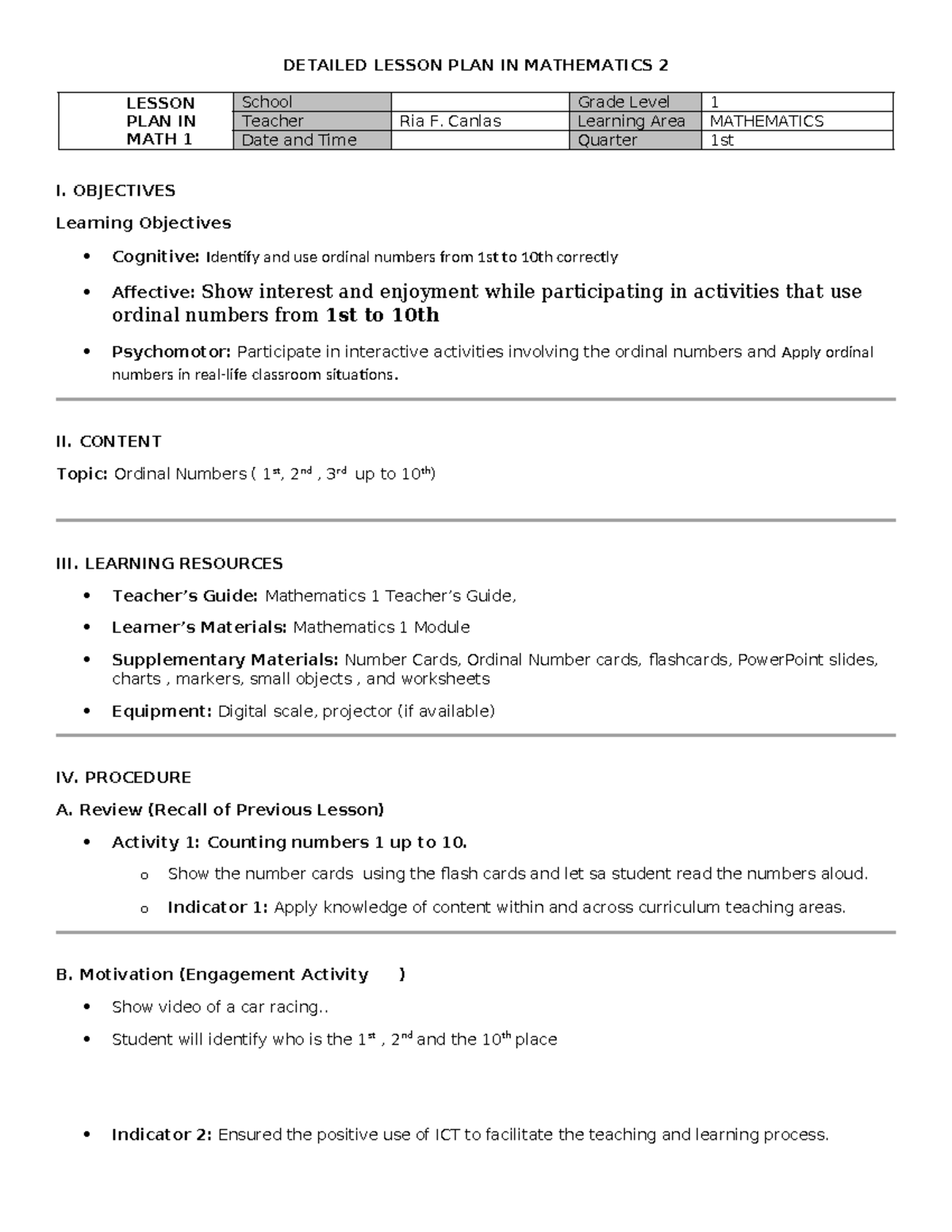 CO Q4 DLP Mathematics 2: Lesson Plan on Ordinal Numbers - Studocu