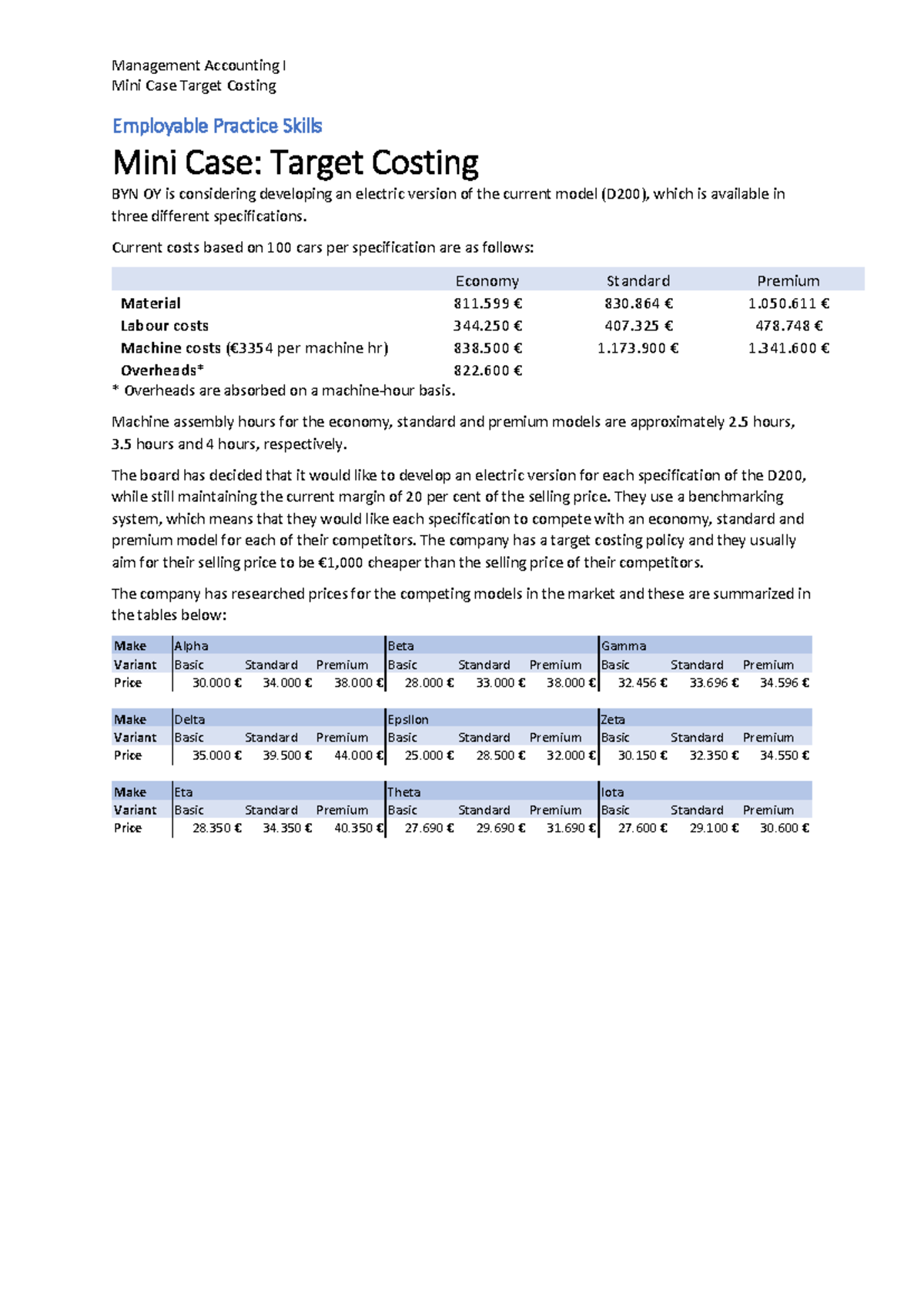 Management Accounting I Mini Case: Target Costing Practice Skills - Studocu