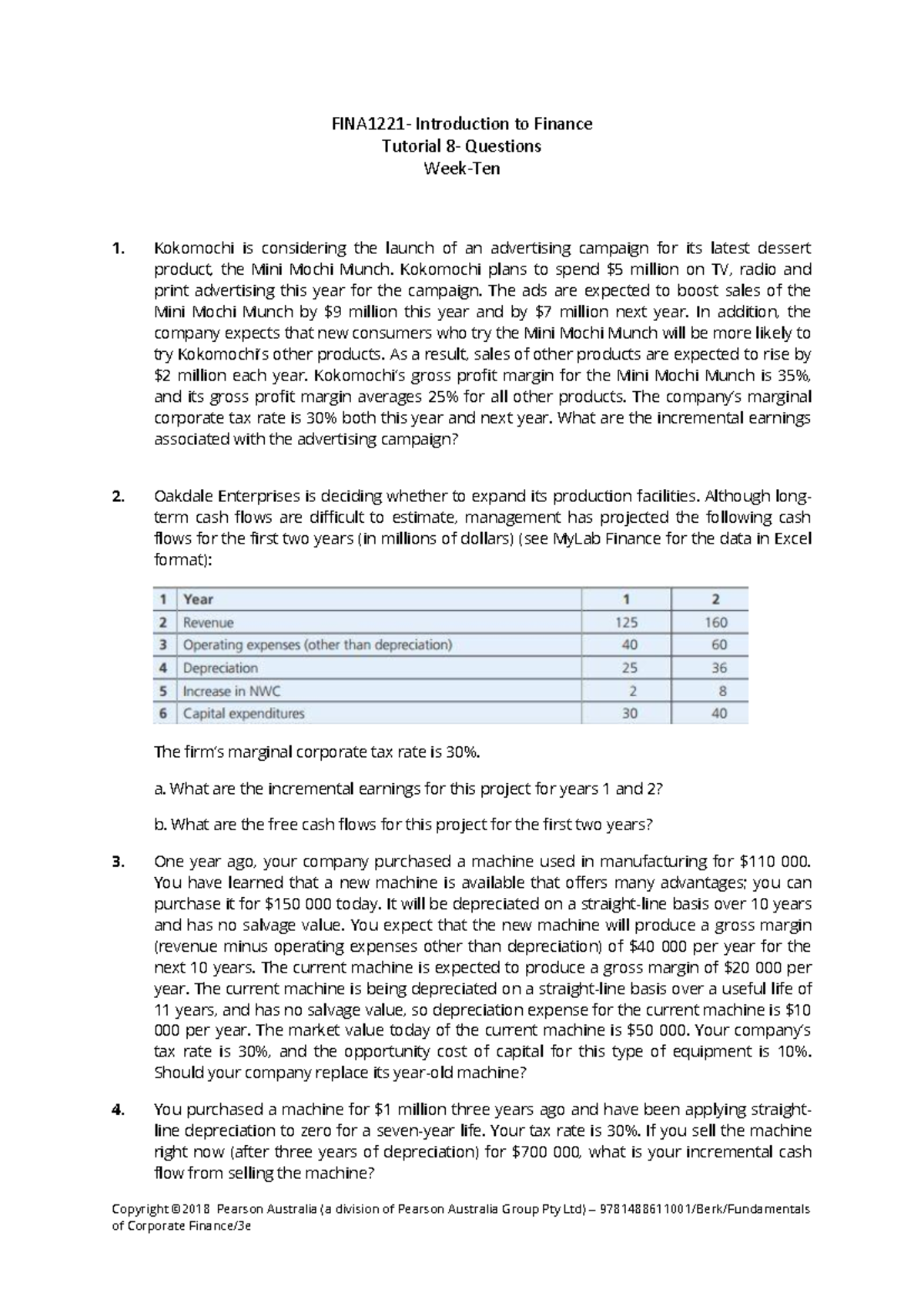 Tutorial 8: Finance Incremental Earnings & Cash Flow Analysis - Studocu