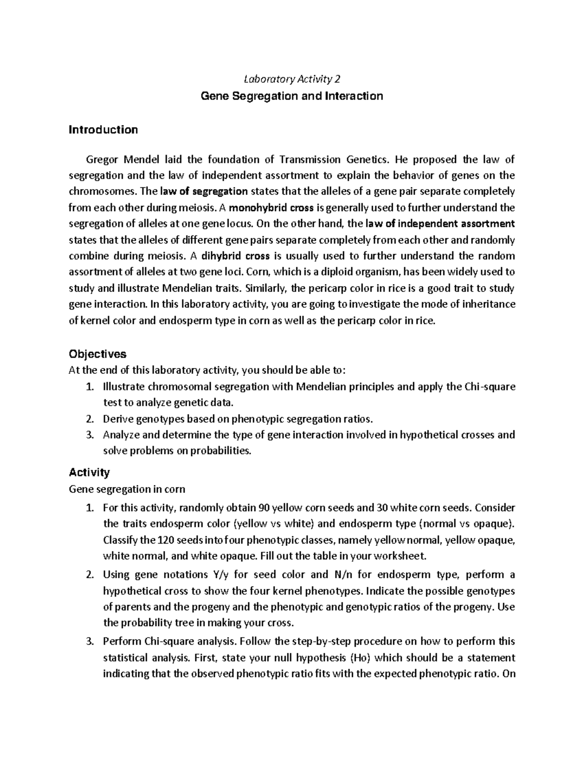 BIO02L Activity 2 part I - Laboratory Activity 2 Gene Segregation and ...