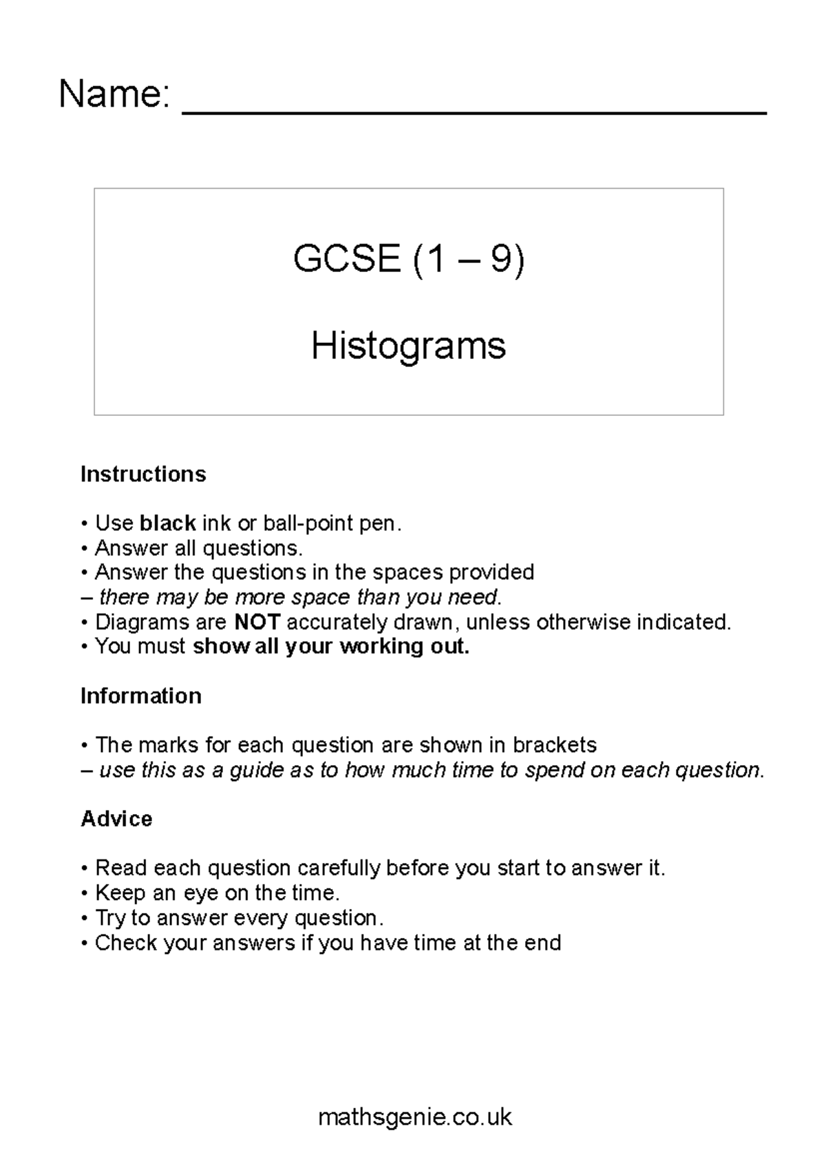GCSE Maths Unit 14 - Histograms Practice and Instructions - Studocu