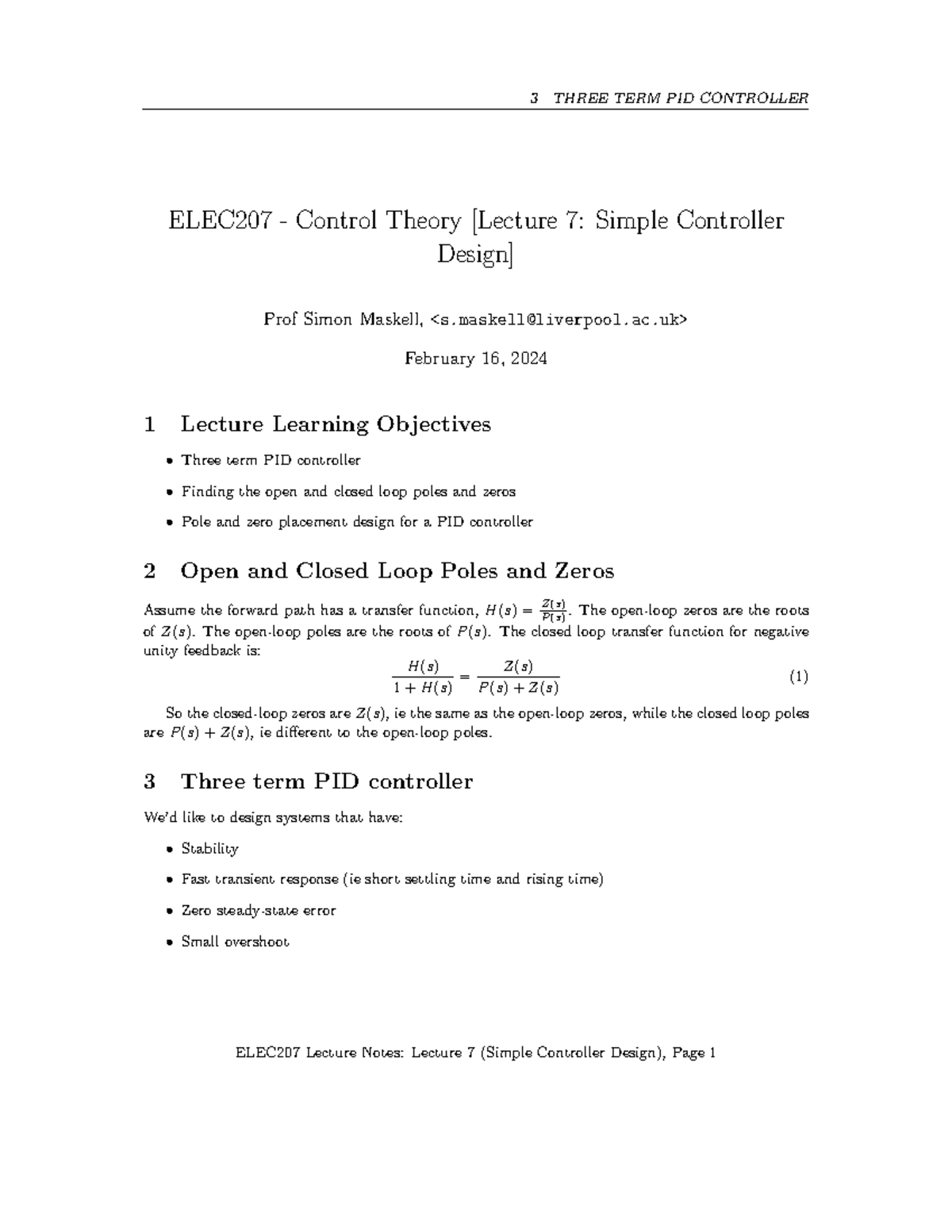 ELEC207 - Control Theory [Lecture 7: PID Controller Design] - Studocu