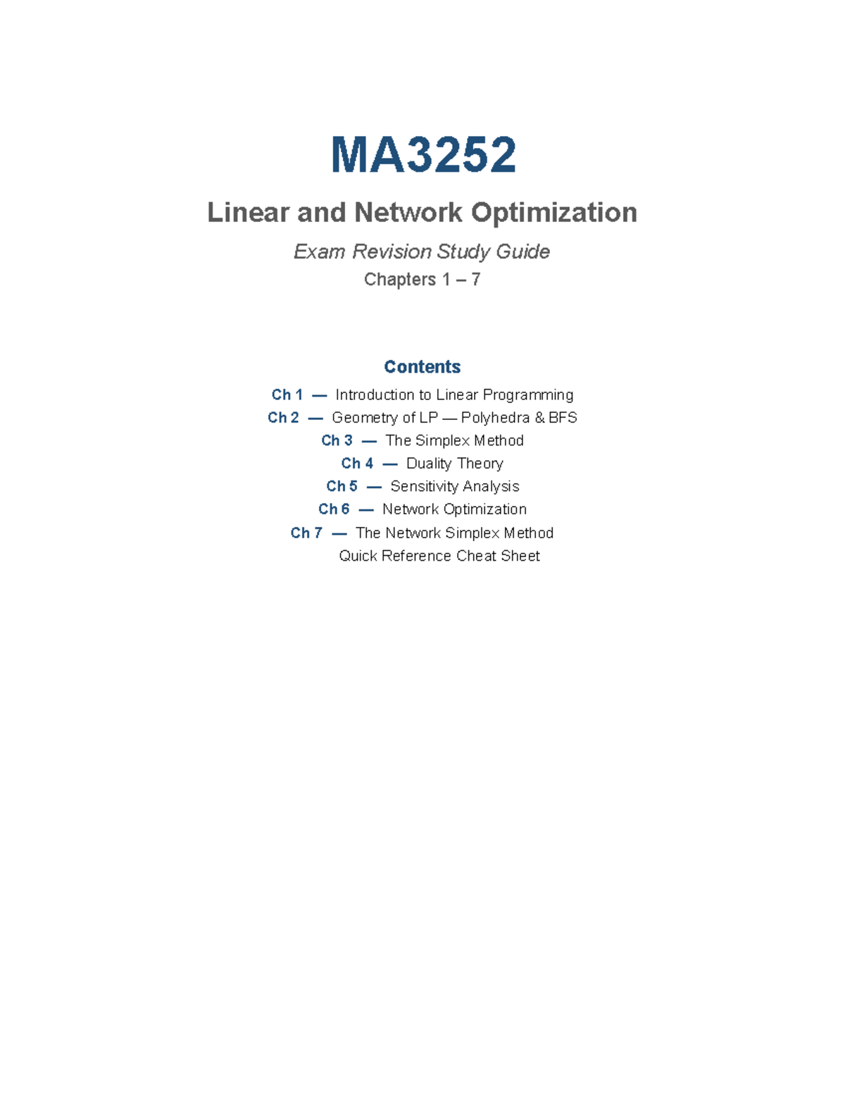 MA3252 Linear & Network Optimization Exam Revision Guide: Ch 1-7 - Studocu