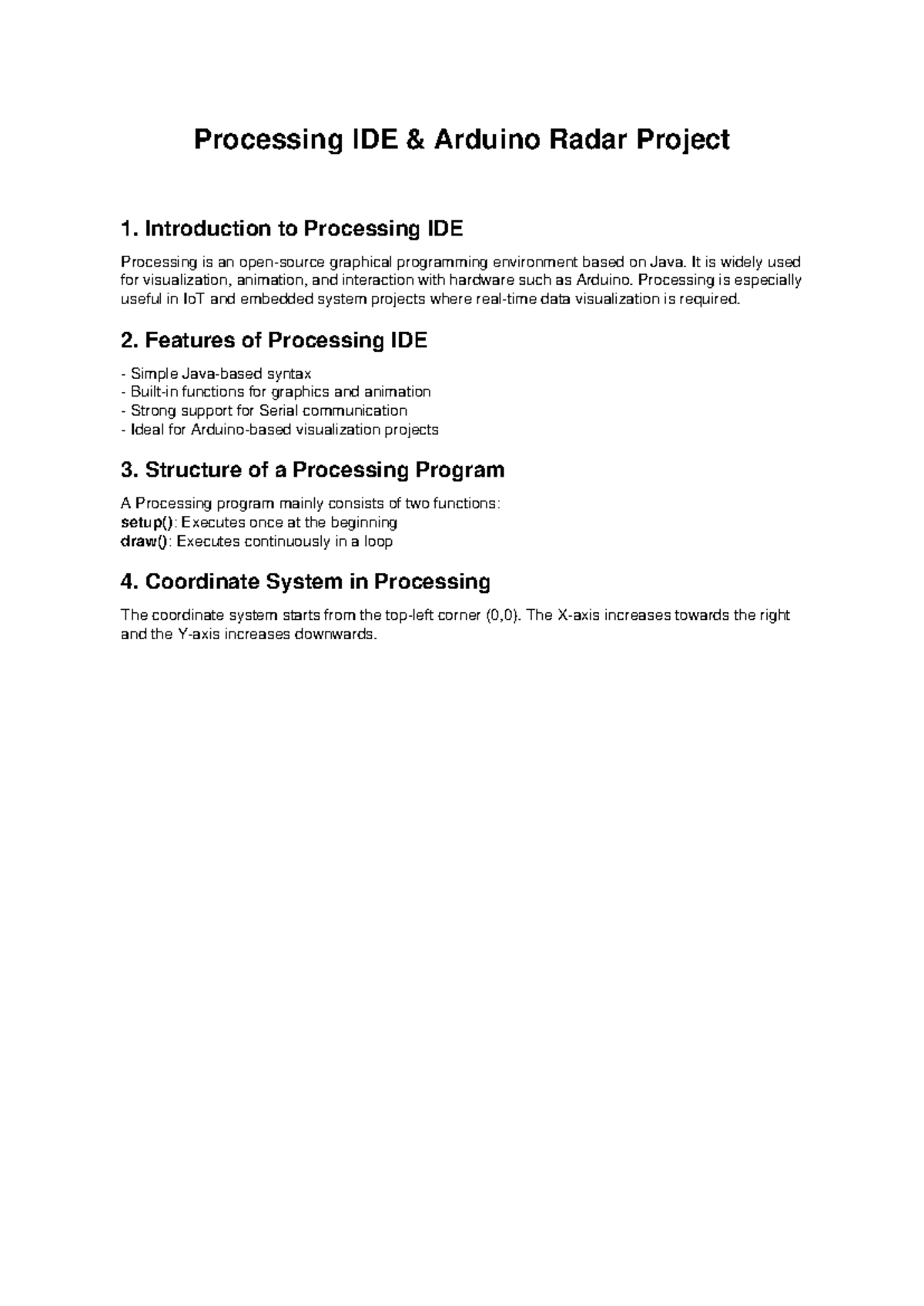 Processing IDE Arduino Radar Project Overview and Features BE - Studocu