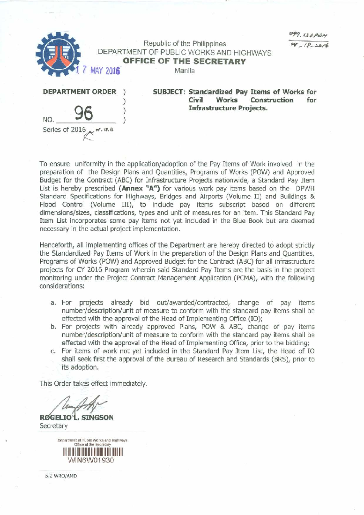 Standardized Pay Items for Civil Works (Department Order No. 96, 2016 ...