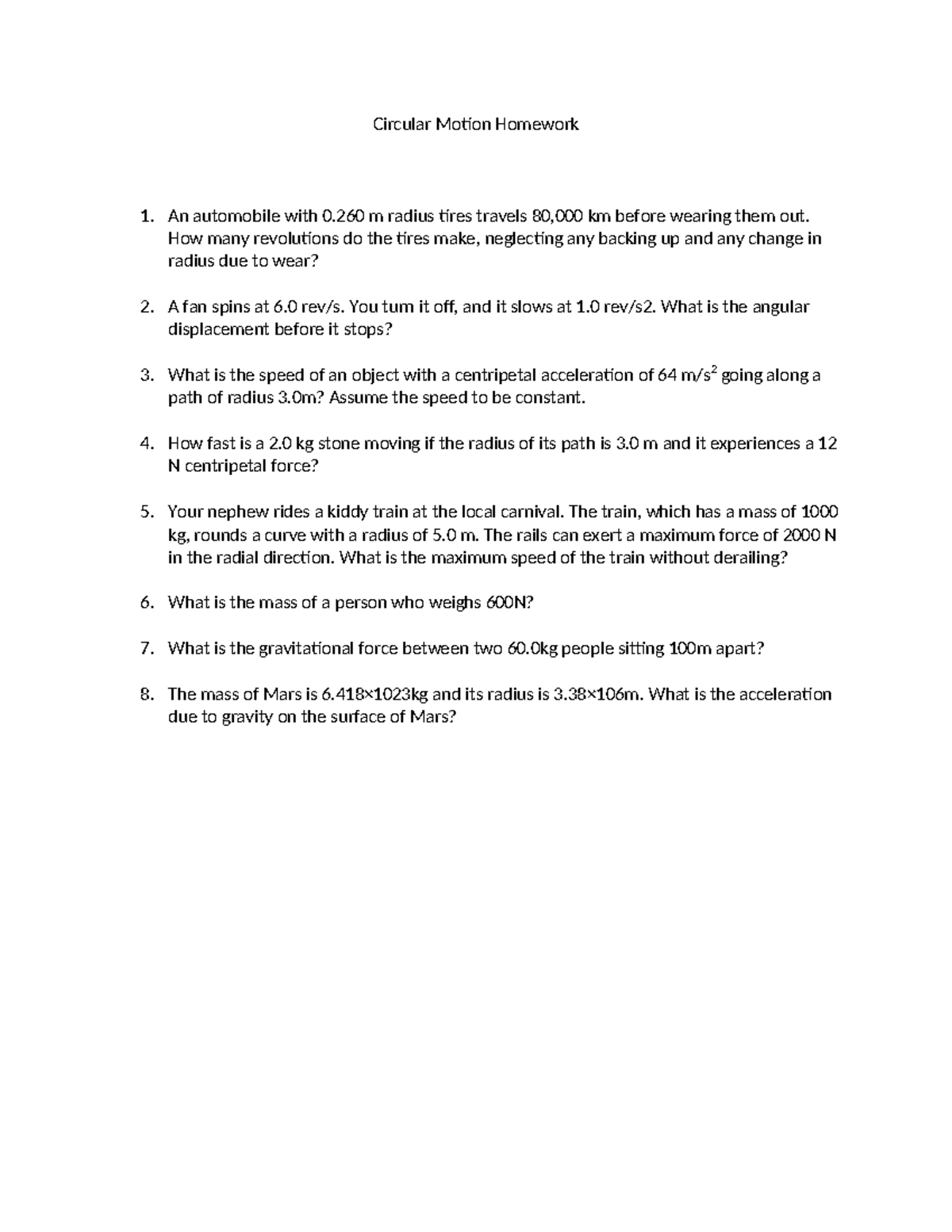 PHYS 1301 Circular Motion Homework 1: Problems & Solutions - Studocu