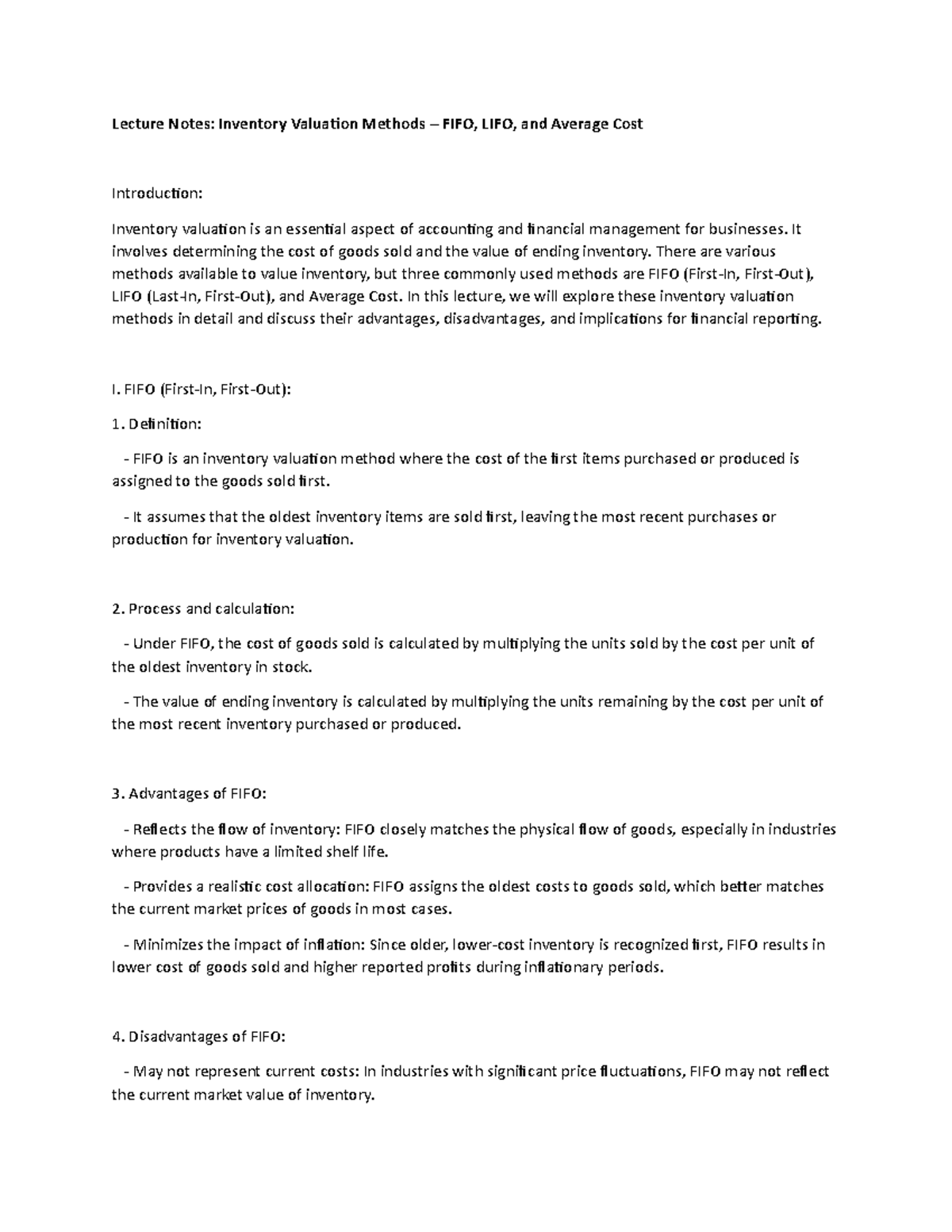 Lecture Notes: Inventory Valuation Methods - FIFO, LIFO, Avg Cost - Studocu