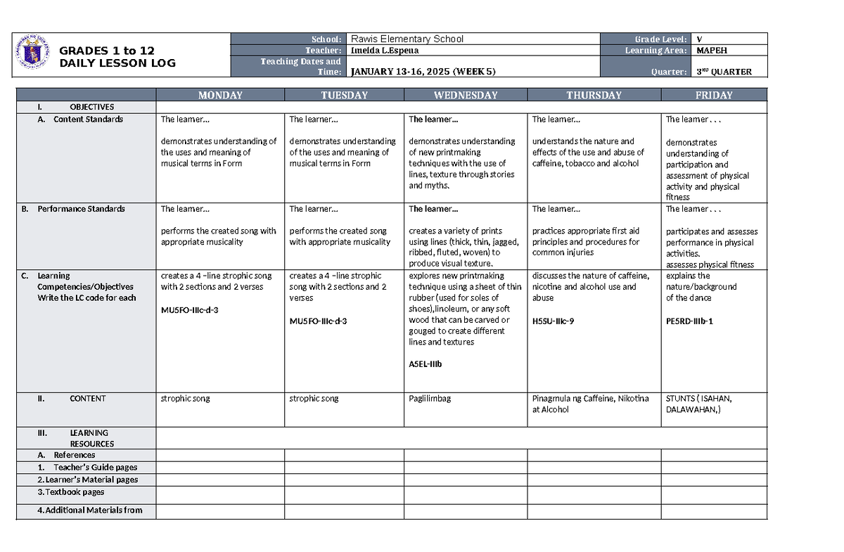 DLL Mapeh 5 Q3 W4 - GRADES 1 to 12 DAILY LESSON LOG School: Rawis ...