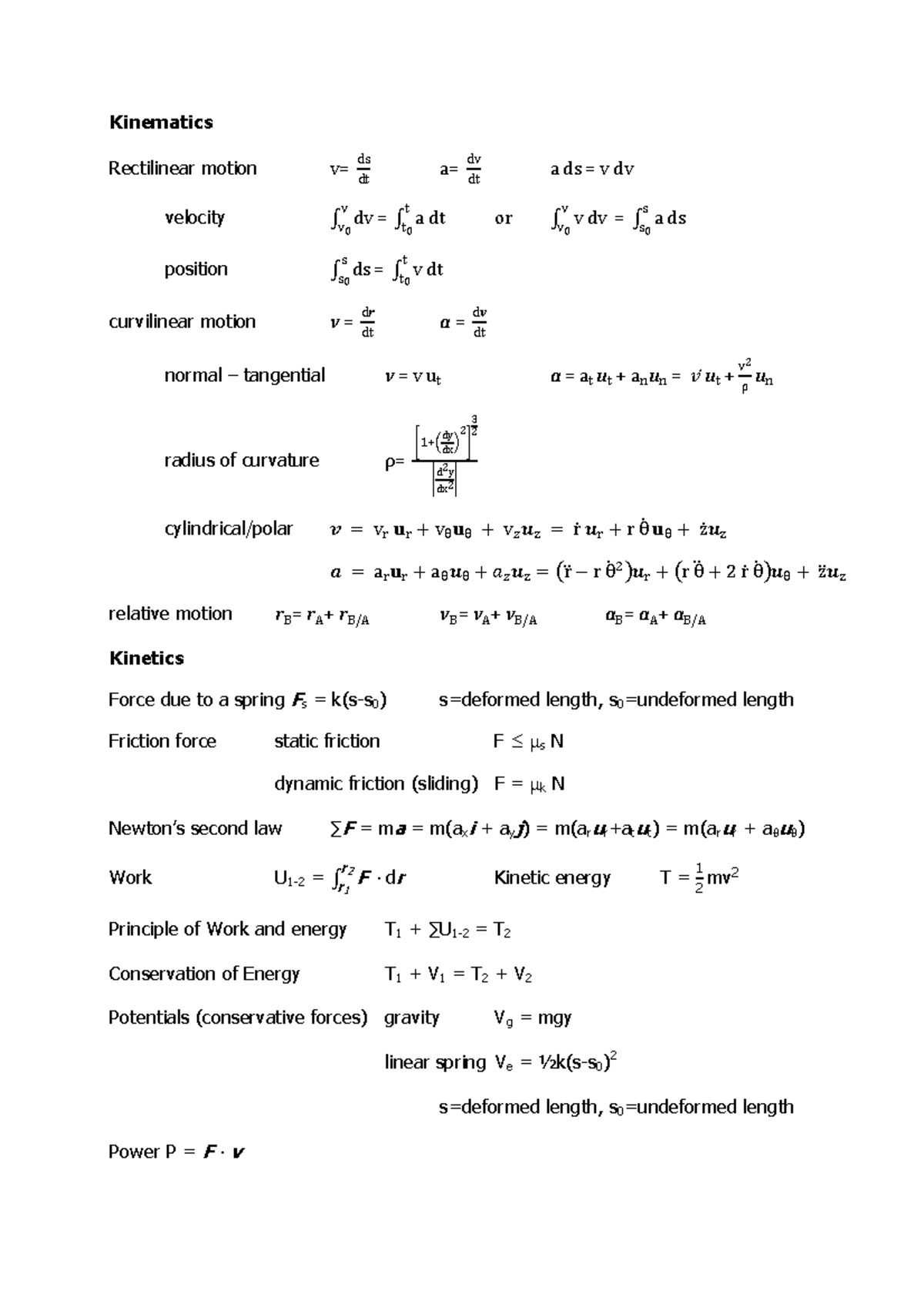 Dynamics Formula Sheet: Kinematics & Kinetics Overview - Studeersnel
