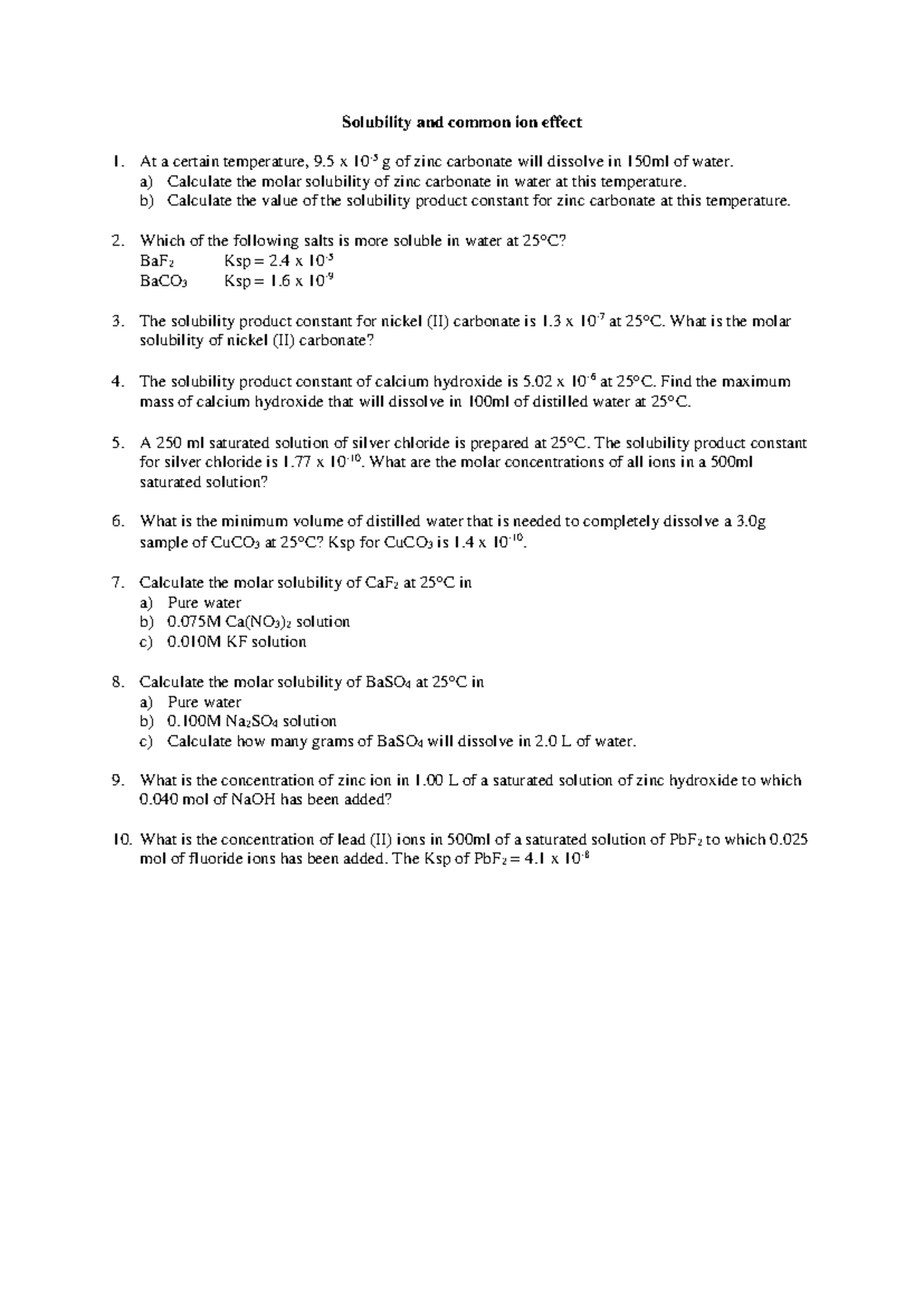 Chemistry Mod 5 Worksheet 6: Solubility & Ion Product Calculations ...