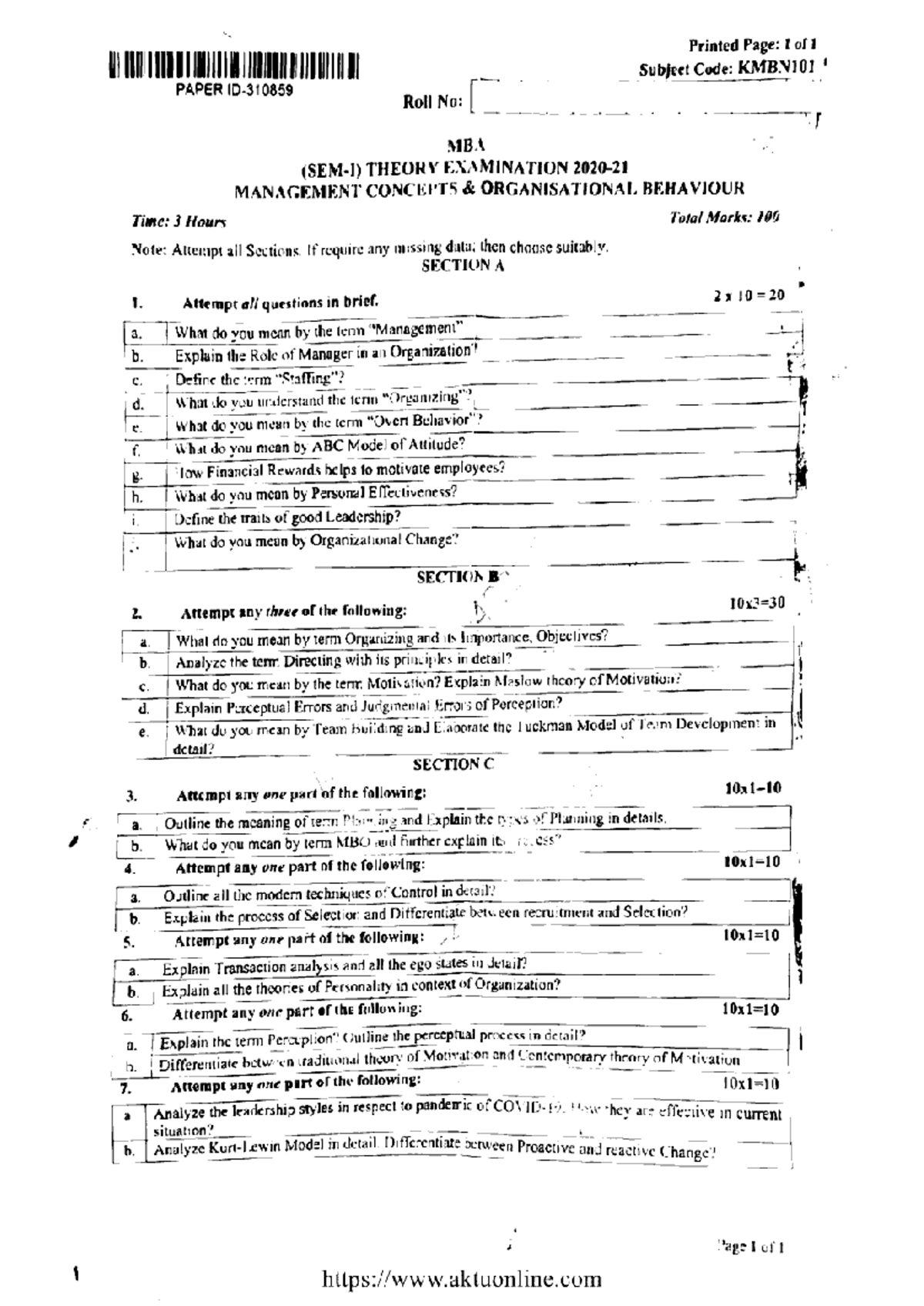 MBA 1st Sem Management Concepts & Organizational Behavior KMBN101 Exam ...