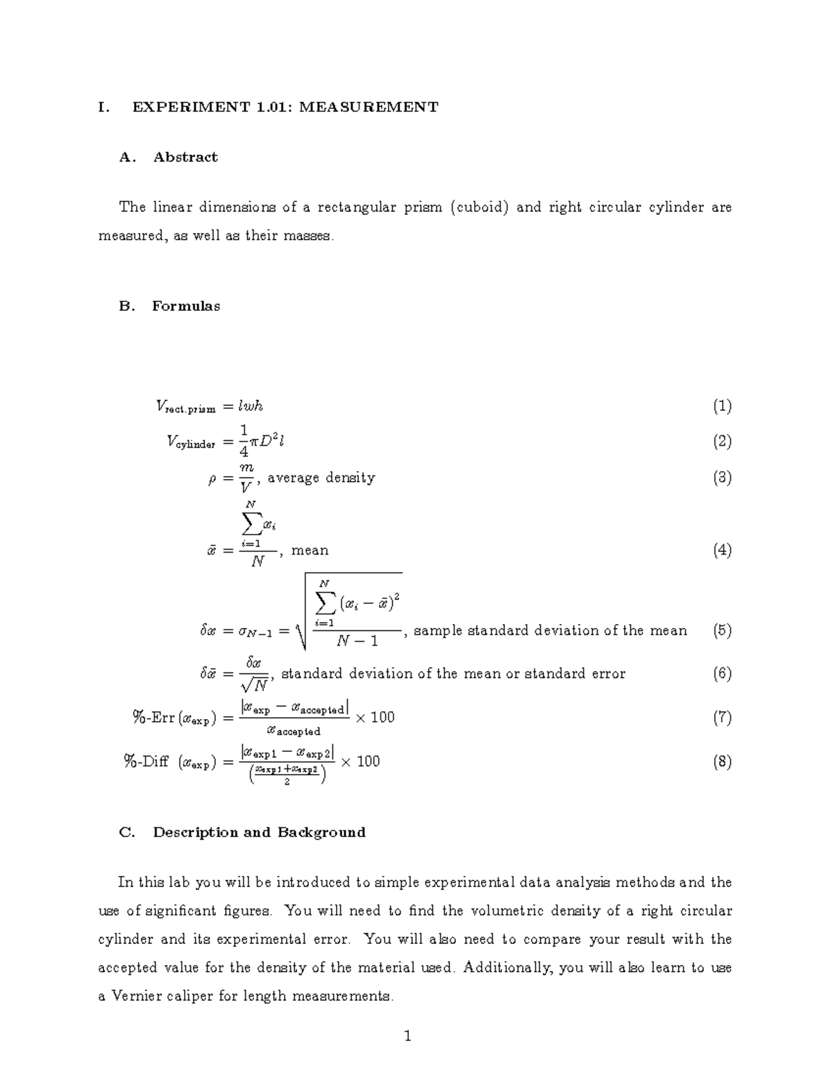 Exp1-01 - General Physics I Lab: Measurement & Error Analysis Summary ...