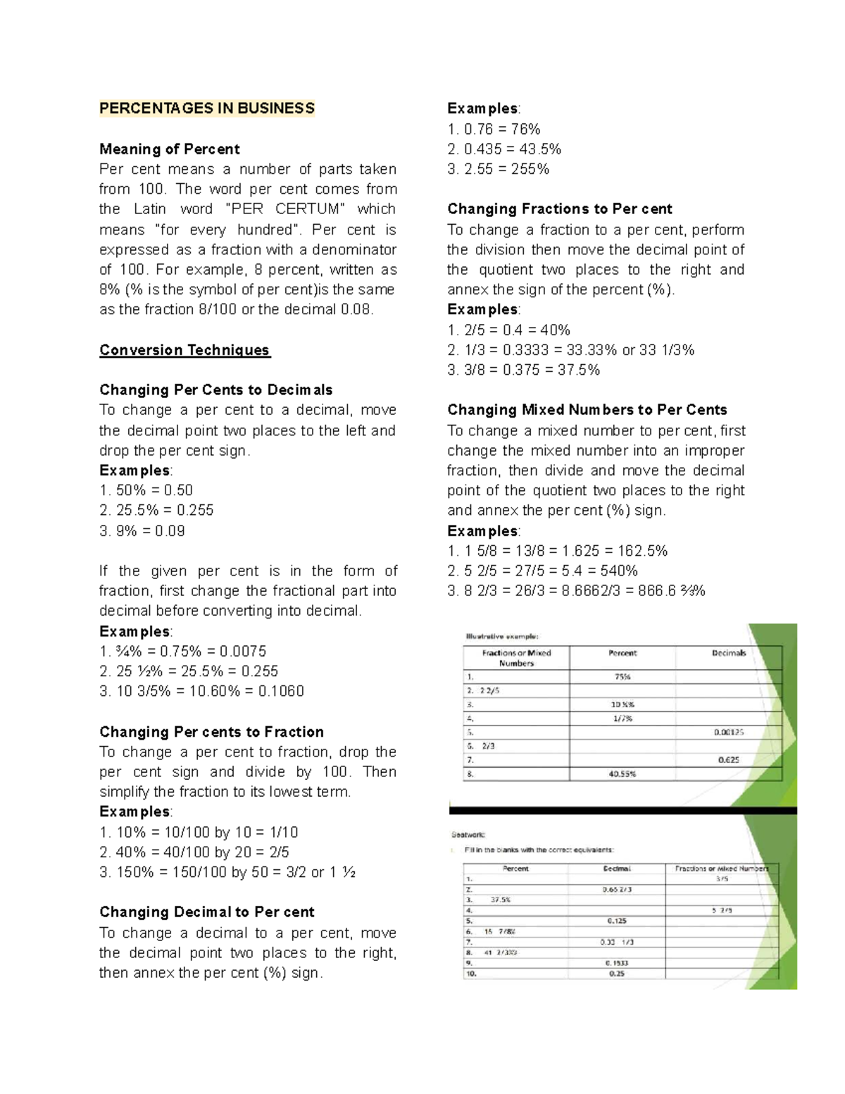 Mathematics Review: Understanding Percentages in Business - Studocu