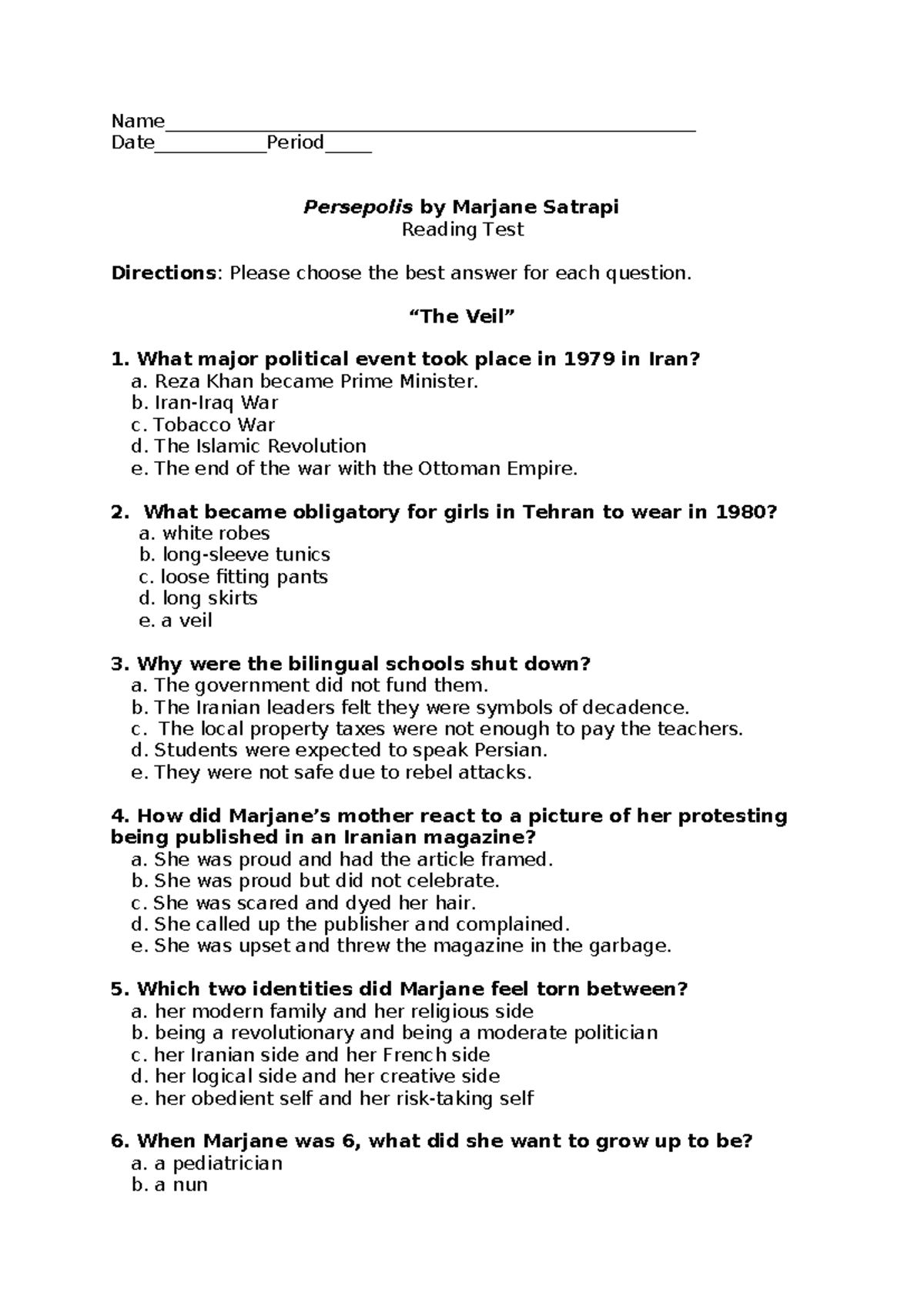 Persepolis Reading Test: Comprehensive Questions on Key Themes ...