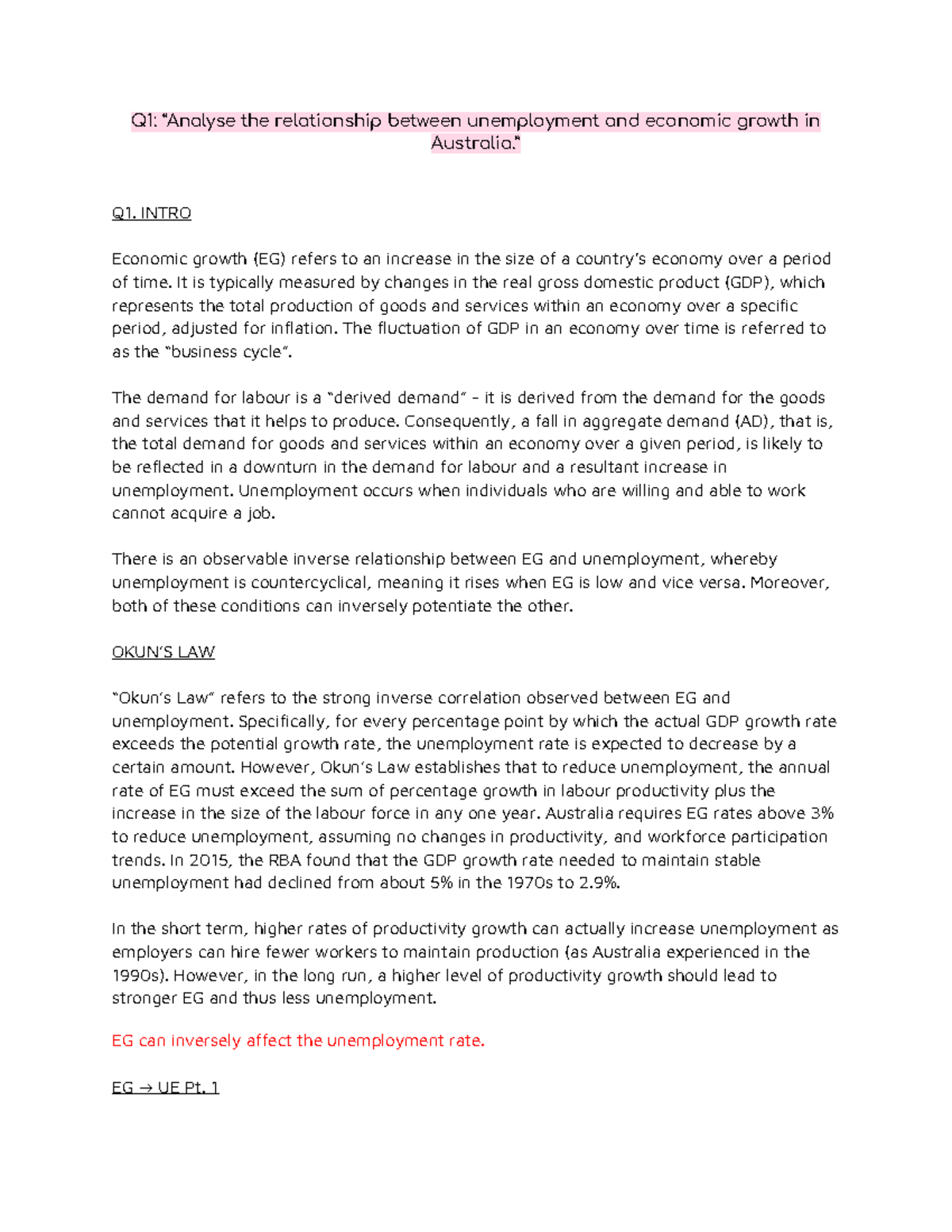 Q1 “Analyse the relationship between unemployment and economic growth ...