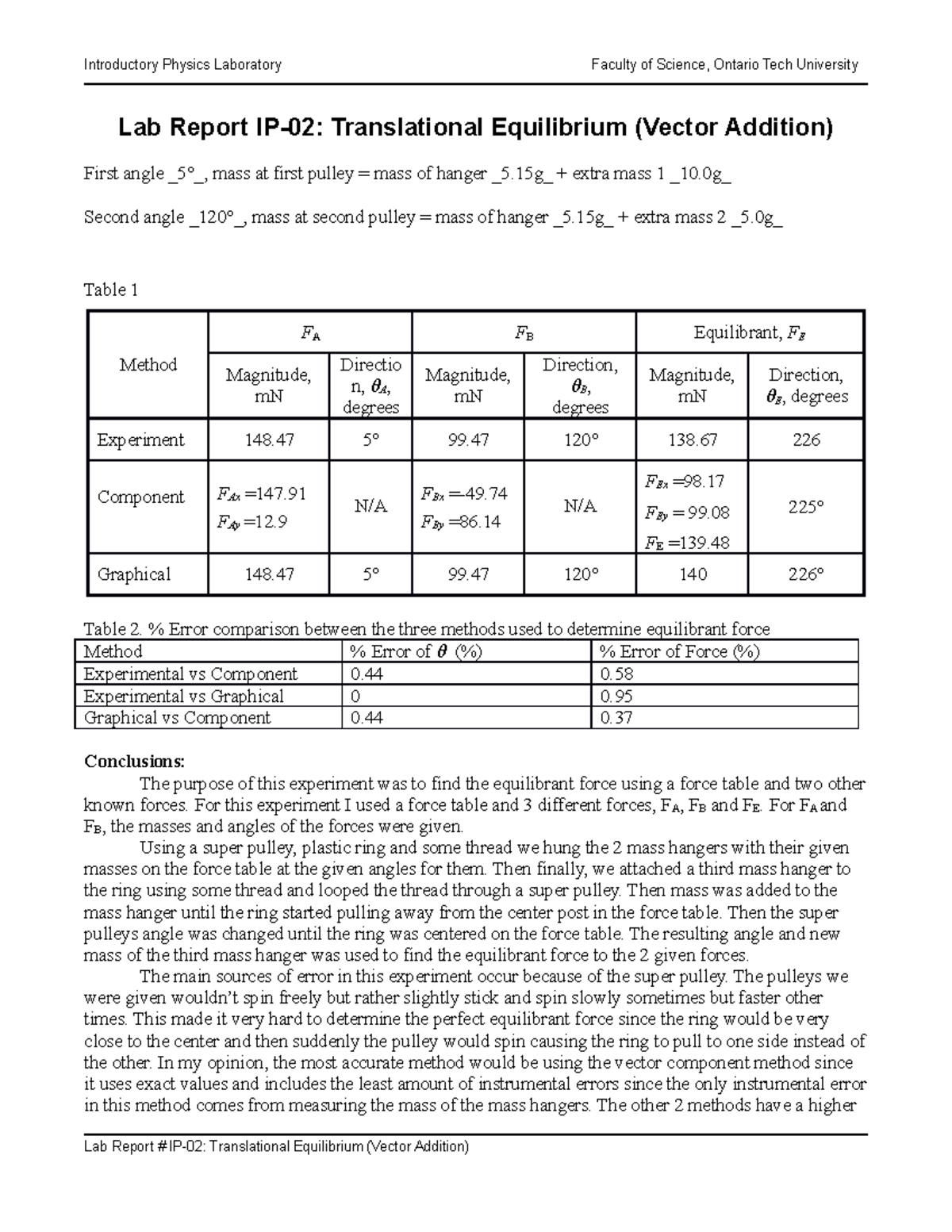 Lab Report IP-02: Analysis of Translational Equilibrium Experiment ...