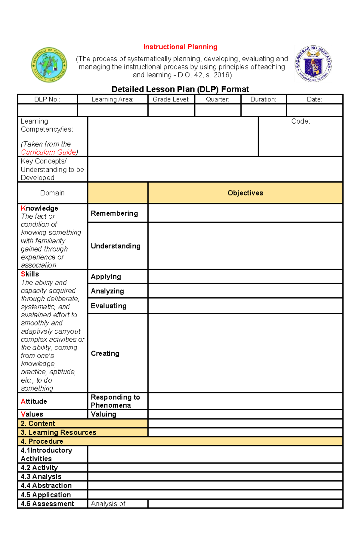 DLP Format: Instructional Planning Guide for Educators - Studocu