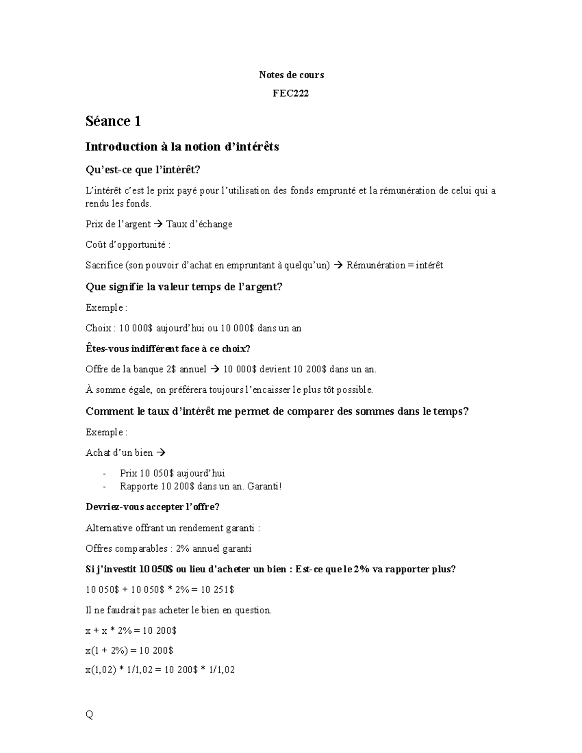 Notes de cours - FEC222 - Notes de cours FEC Séance 1 Introduction à la ...