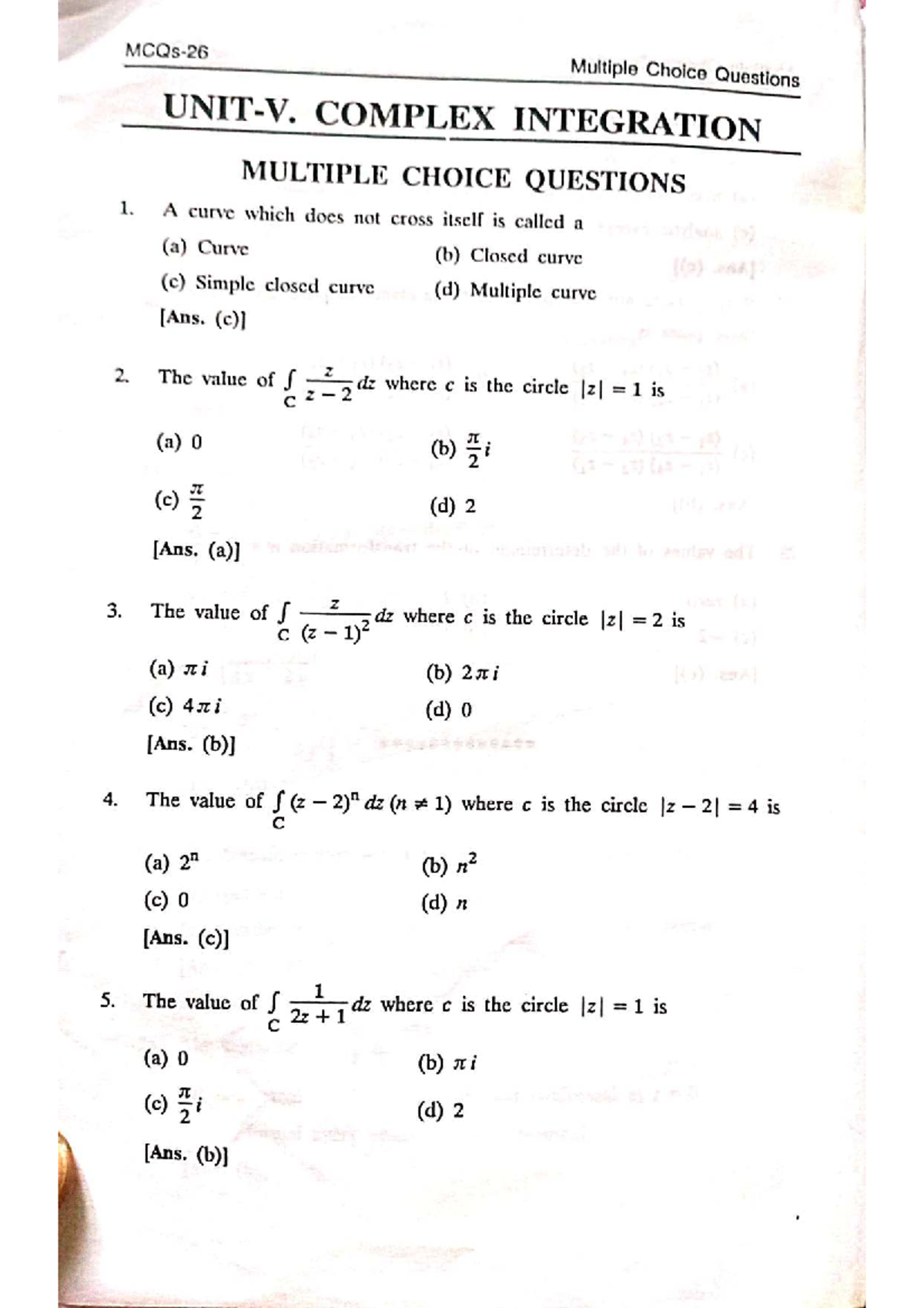 Unit-5 MCQ on Complex Integration: Multiple Choice Questions - Studocu