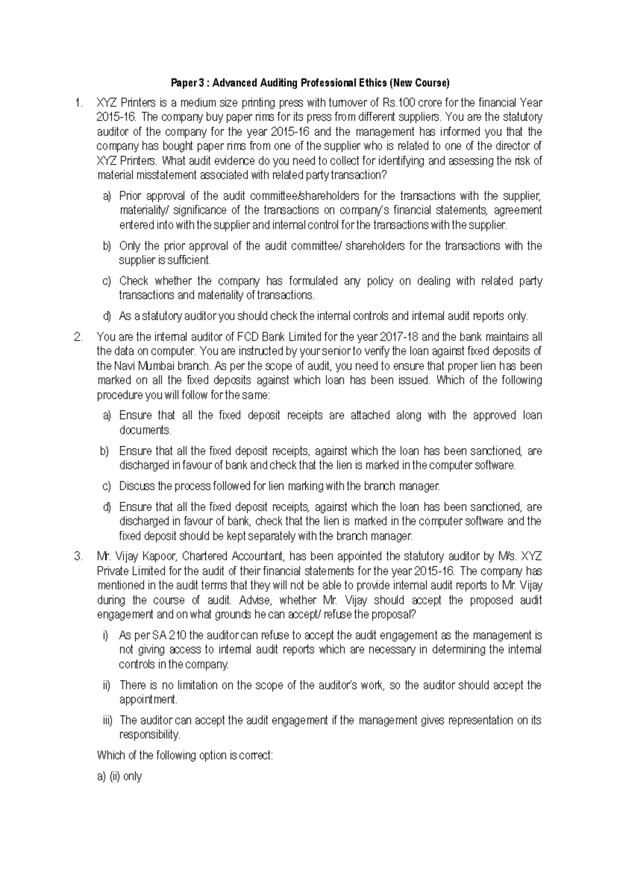 Paper 3: Advanced Auditing Professional Ethics - Final Exam Insights ...