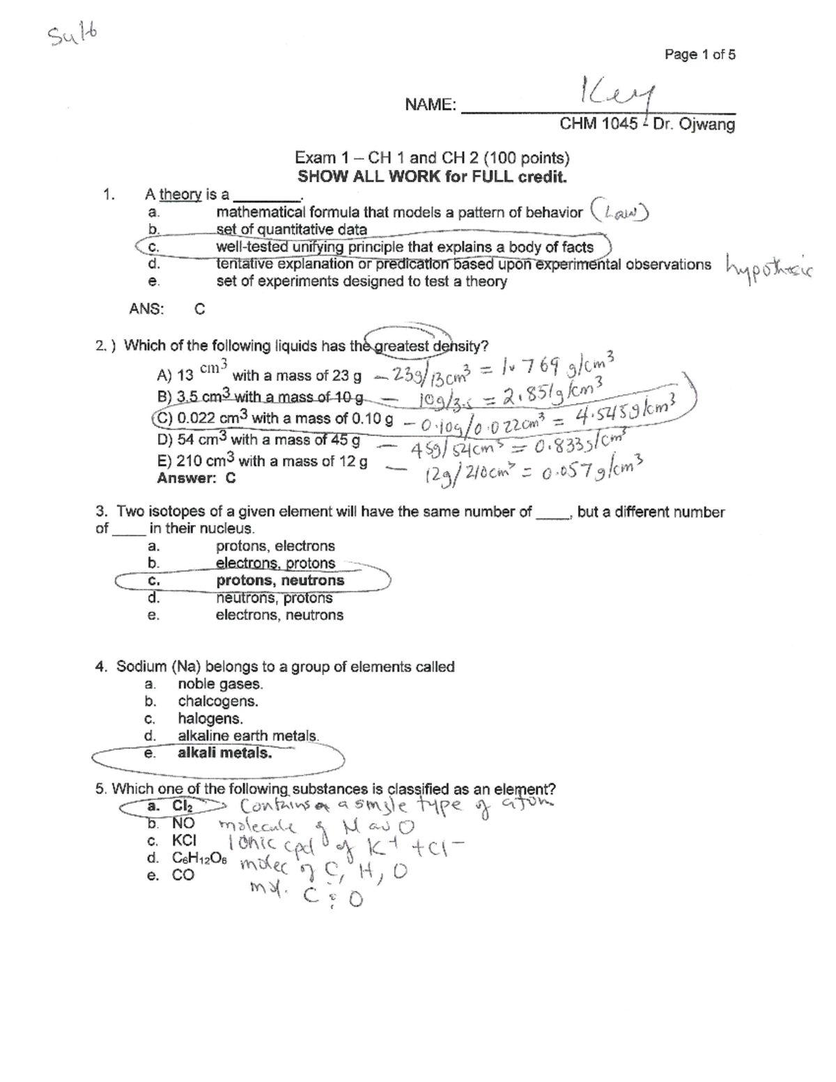 CHM 1045 Exam 1 Key: Solutions for Chapters 1 & 2 (Summer 2023) - Studocu