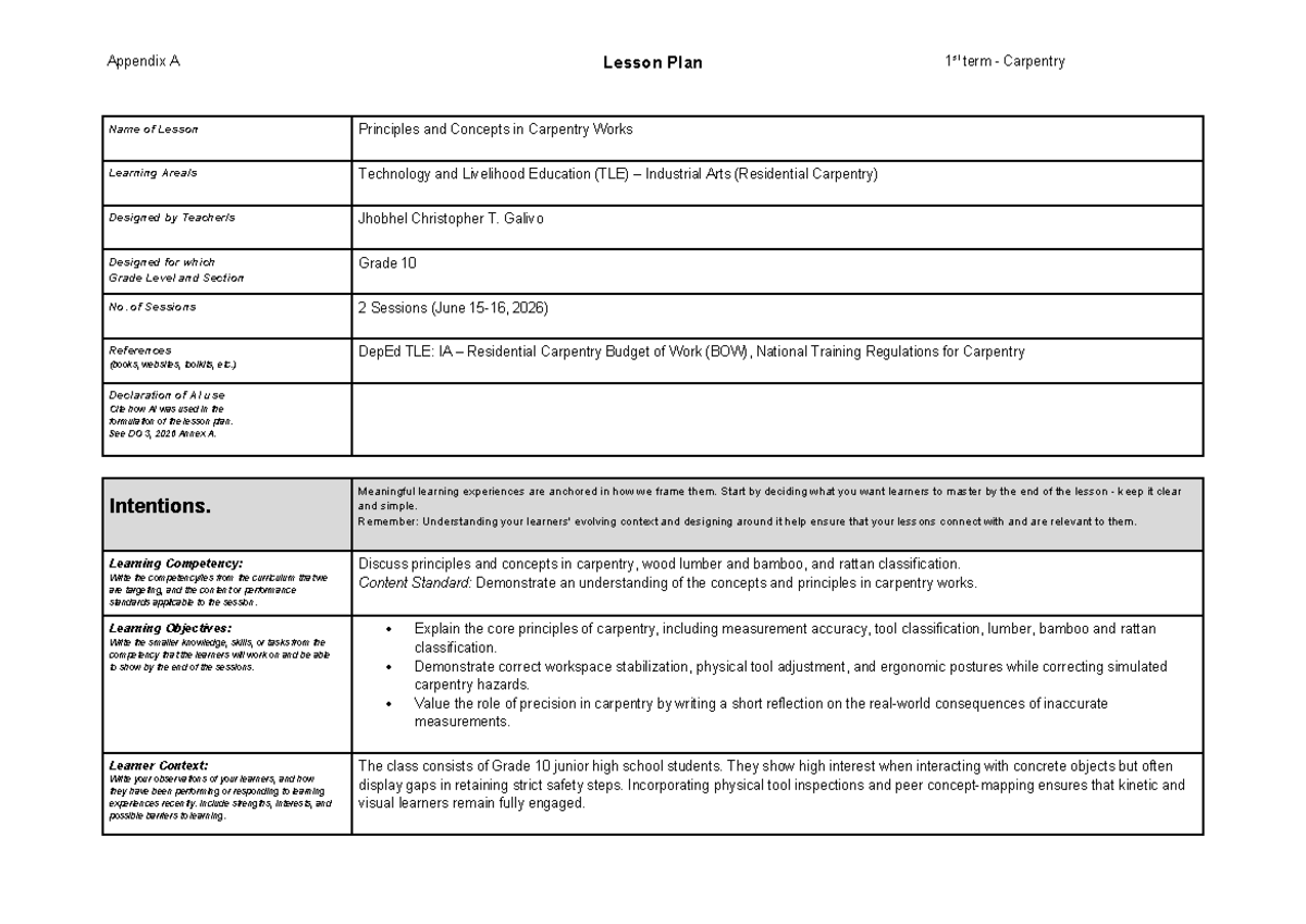 Principles and Core Concepts of Carpentry: TLE Grade 10 Lesson Plan ...
