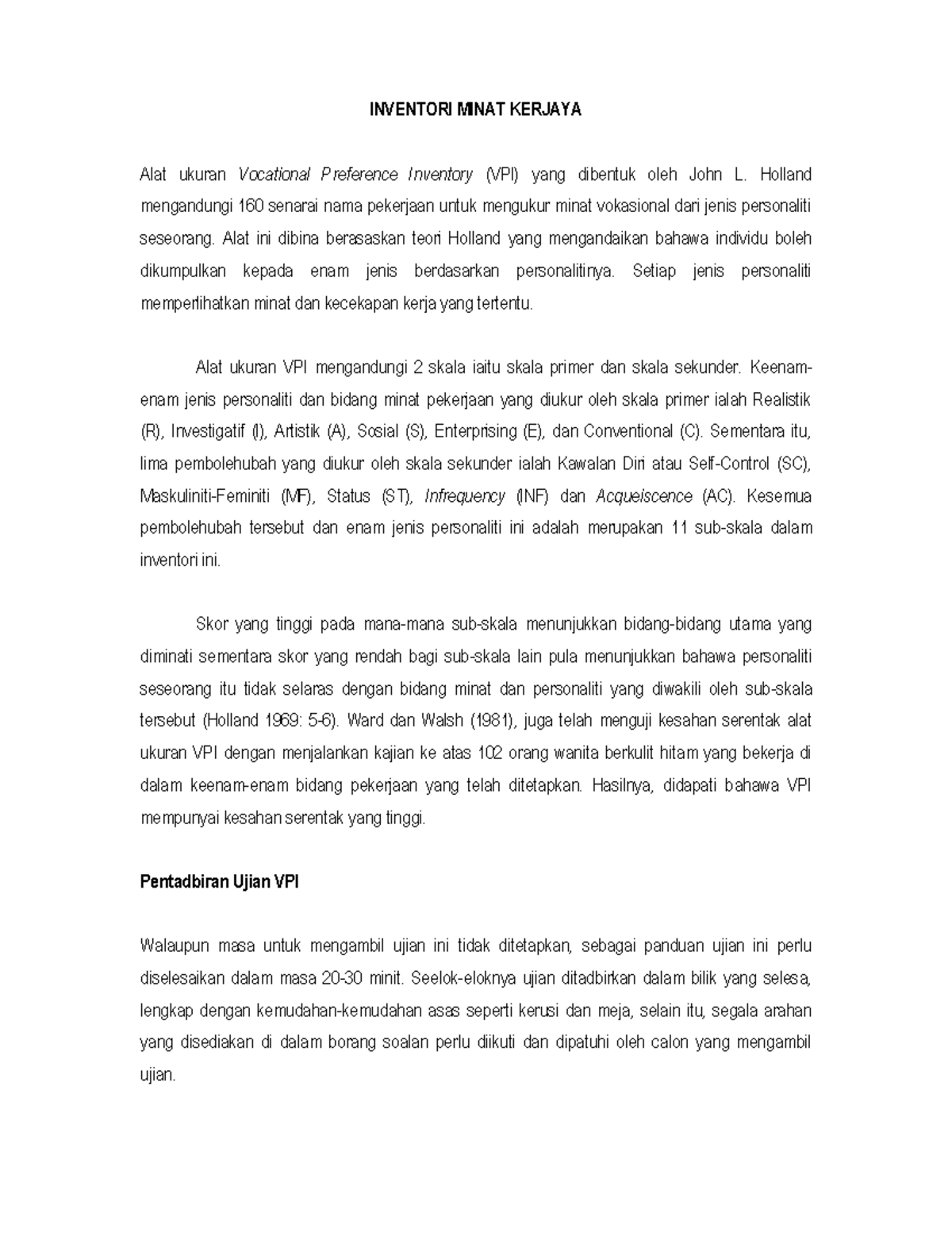 Interpretasi dan Analisis Vocational Preference Inventory (VPI) - Studocu