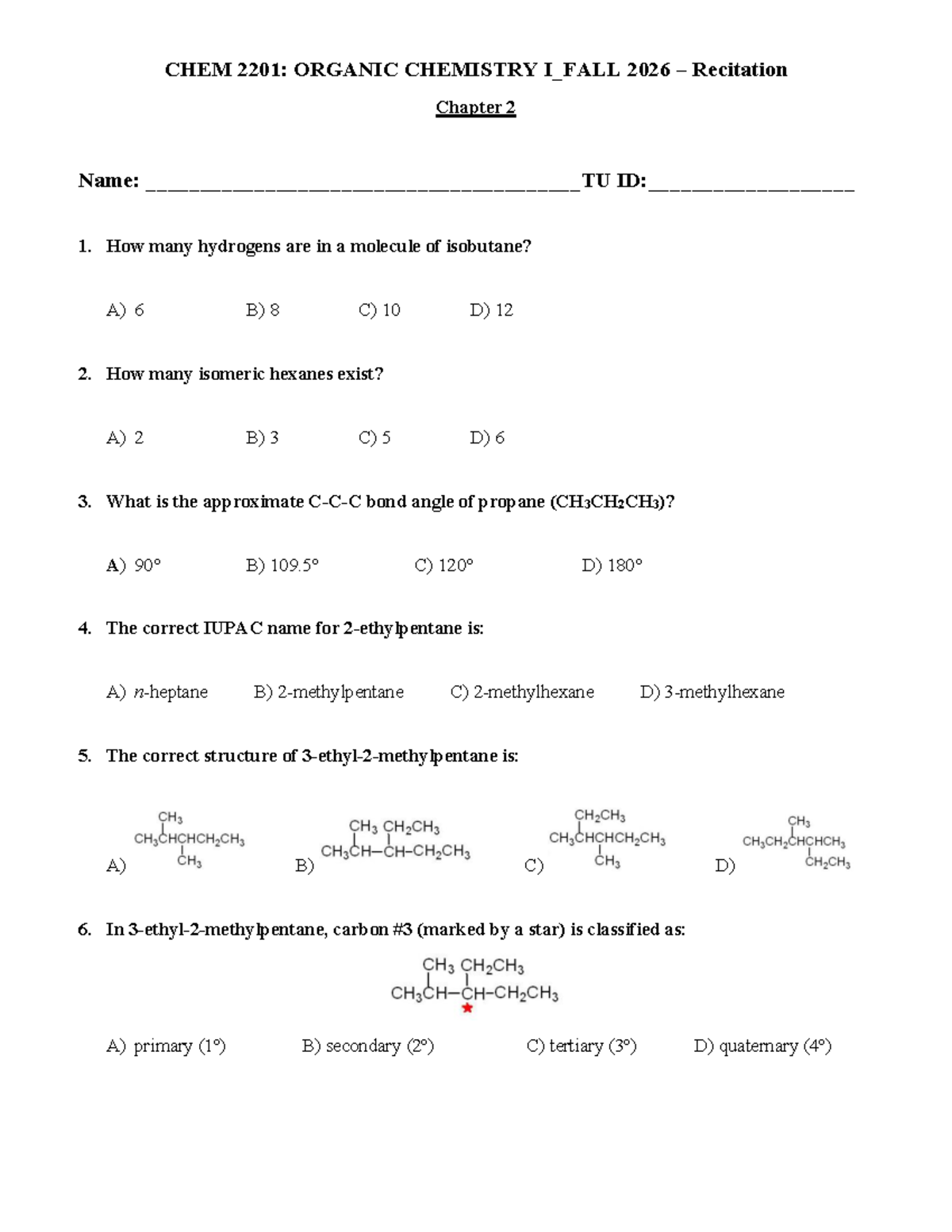 CHEM 2201: Organic Chemistry I - Fall 2026 Recitation Chapter 2 - Studocu