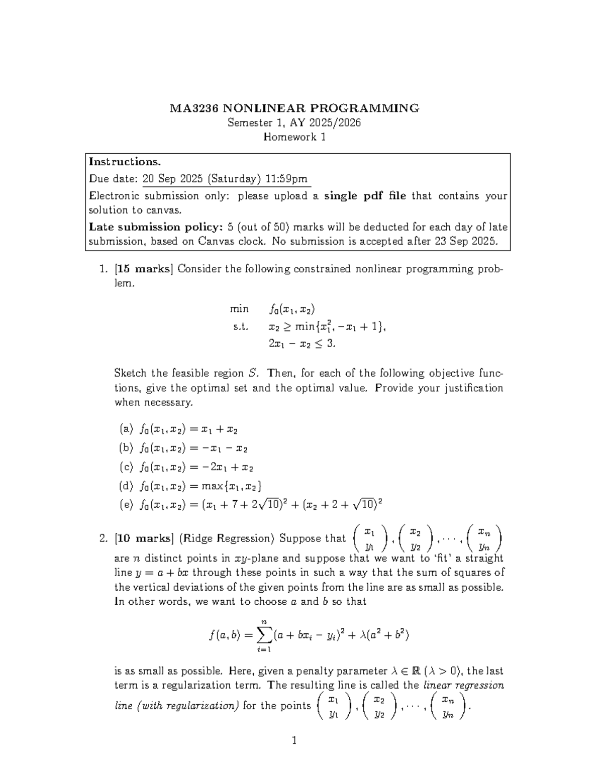 MA3236 NONLINEAR PROGRAMMING Homework 1 Instructions & Details - Studocu