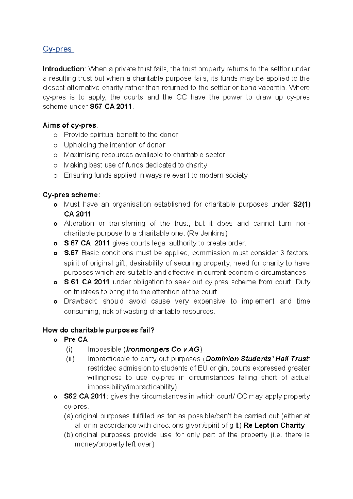 Cy-pres Equity & Trusts Lecture Notes - S67 CA 2011 Overview - Studocu