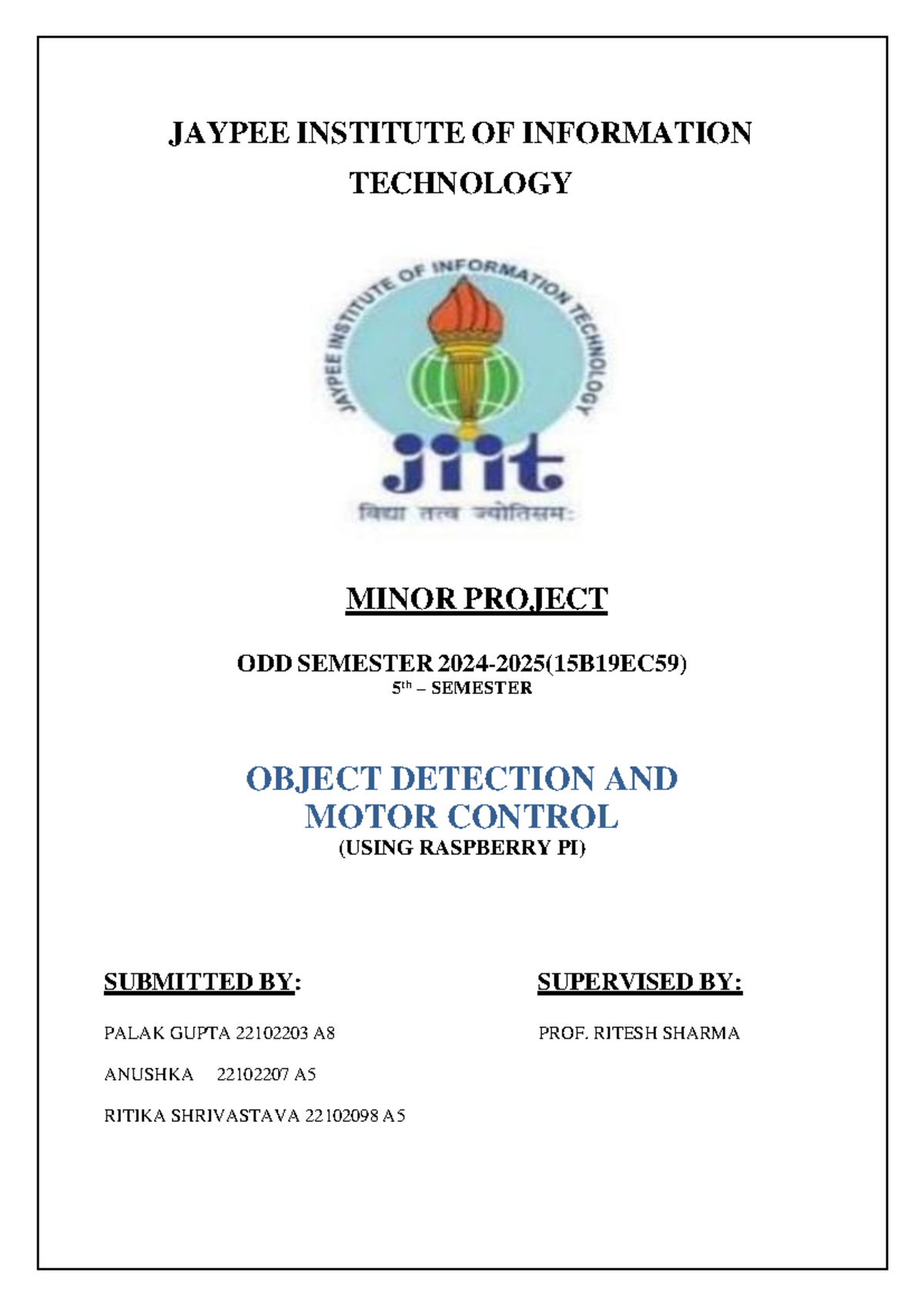 Object Detection & Motor Control Project (5th Sem, JIIT) - Studocu