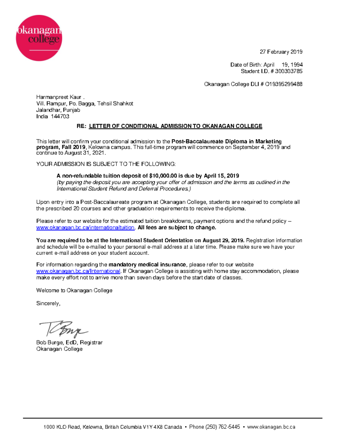 406812116 - Conditional Admission Acceptance Letter for Okanagan ...