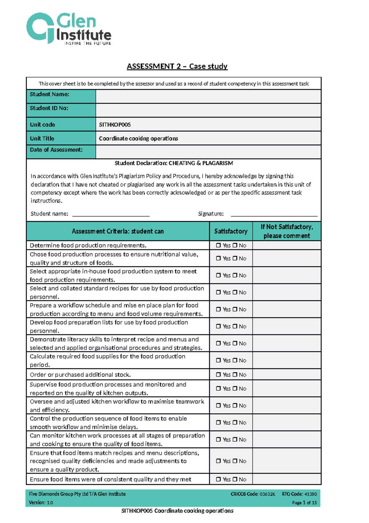 Assessment 2 Sithkop 005 Coordinate cooking operations - ASSESSMENT 2 ...