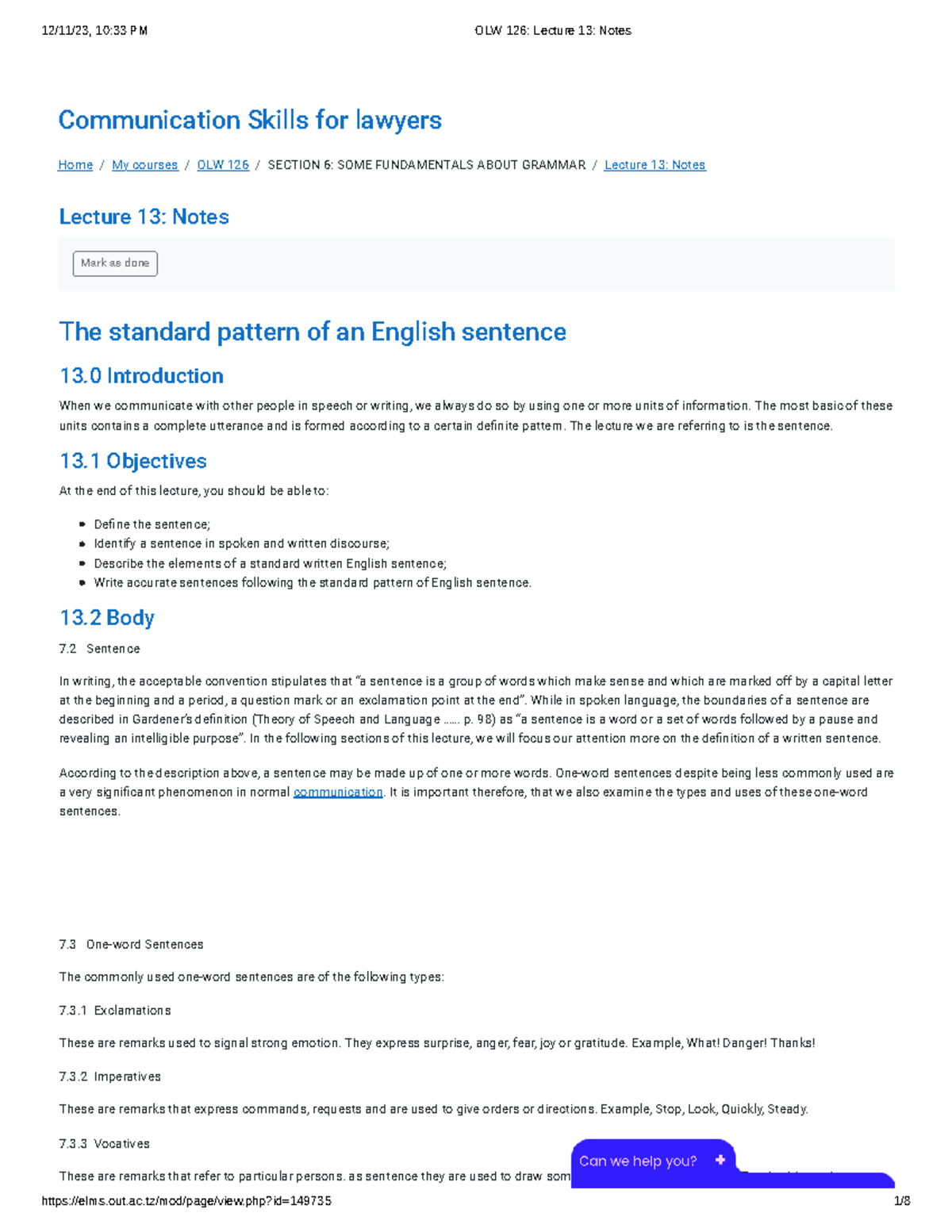 OLW 126 Lecture 13: Understanding Standard English Sentences - Studocu
