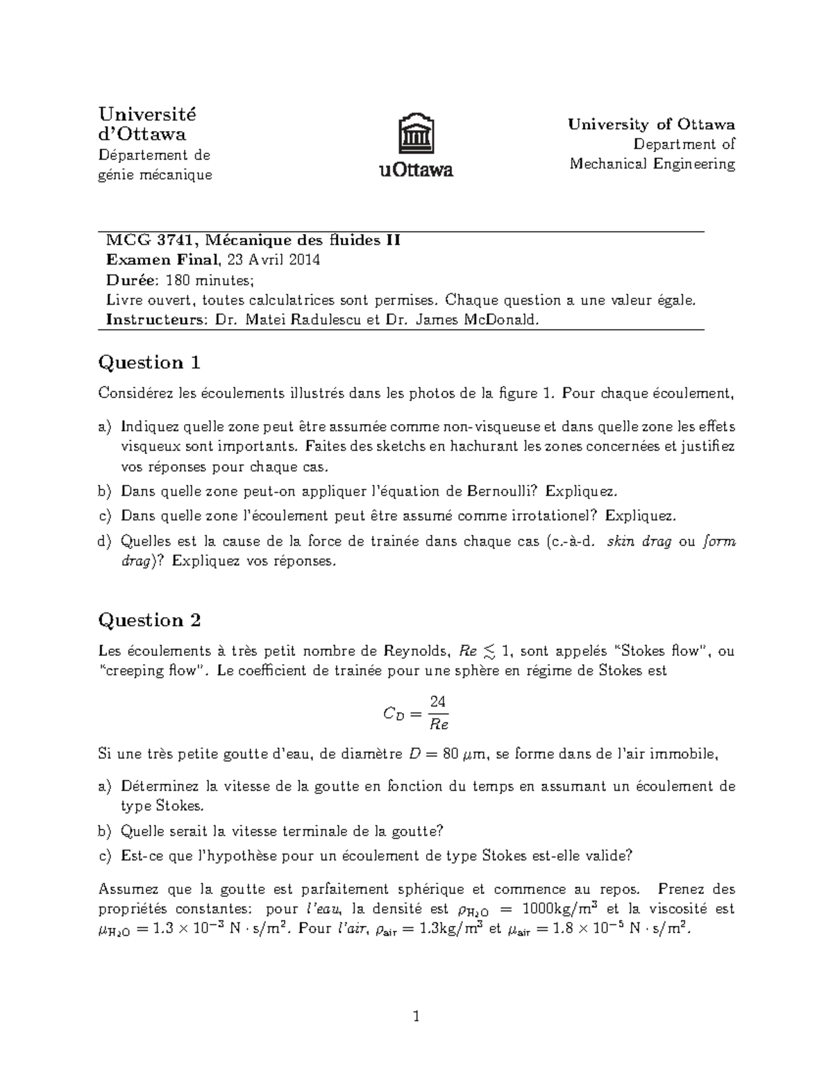 MCG 3741 Final Exam Solutions - Fluid Mechanics II, 2014 - Studocu