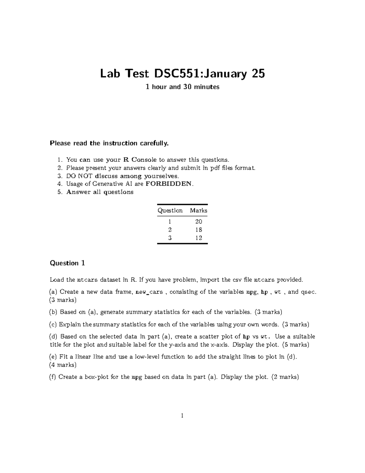 Lab Test DSC551: Practical Exercises with mtcars Dataset - Studocu