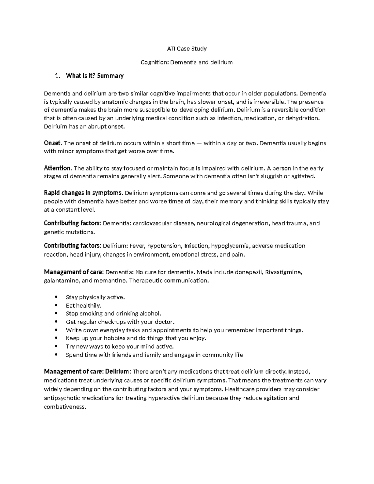 ATI Case Study: Understanding Dementia vs. Delirium Management - Studocu