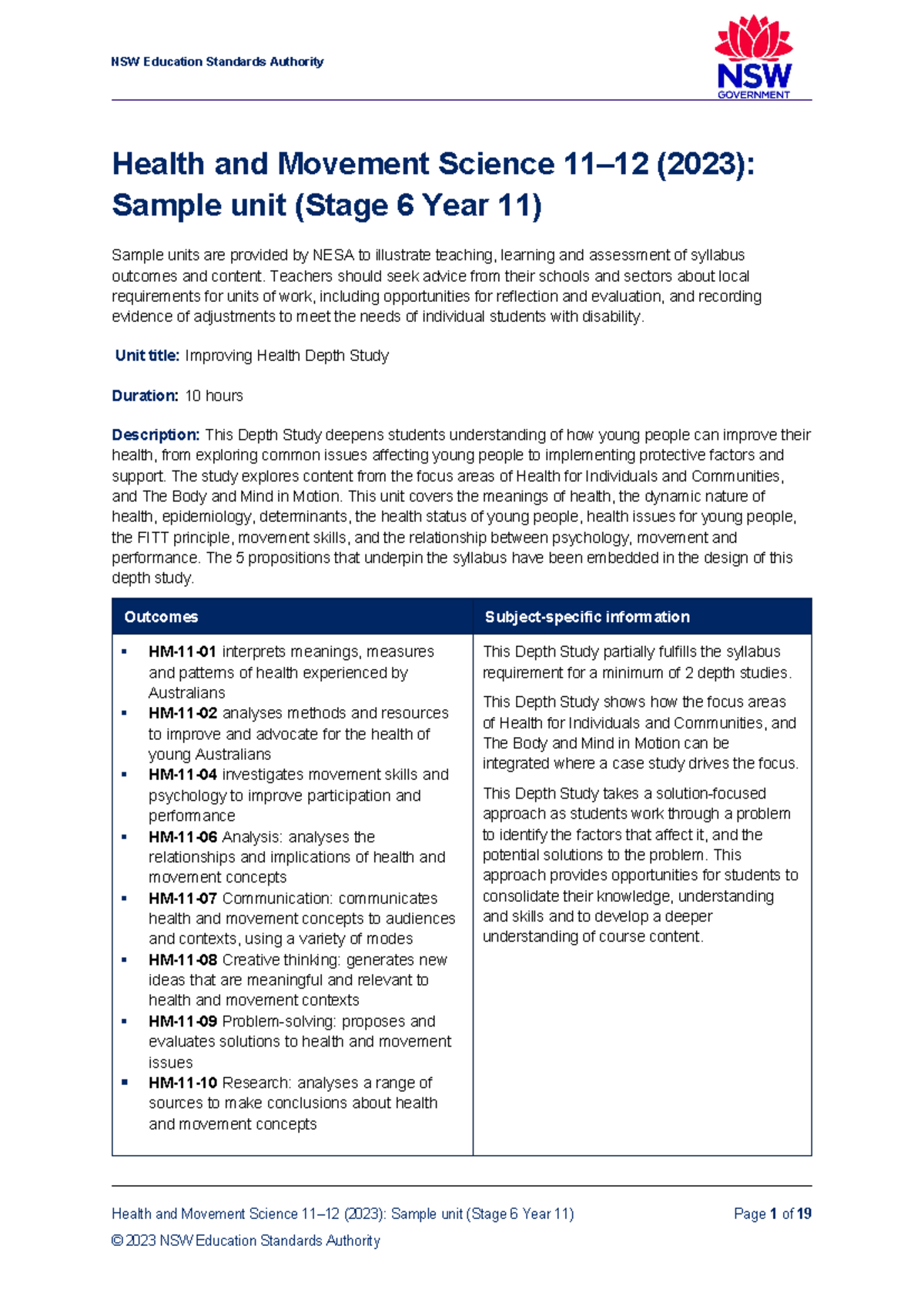 Health and Movement Science 11-12 (2023): Year 11 Depth Study Sample ...