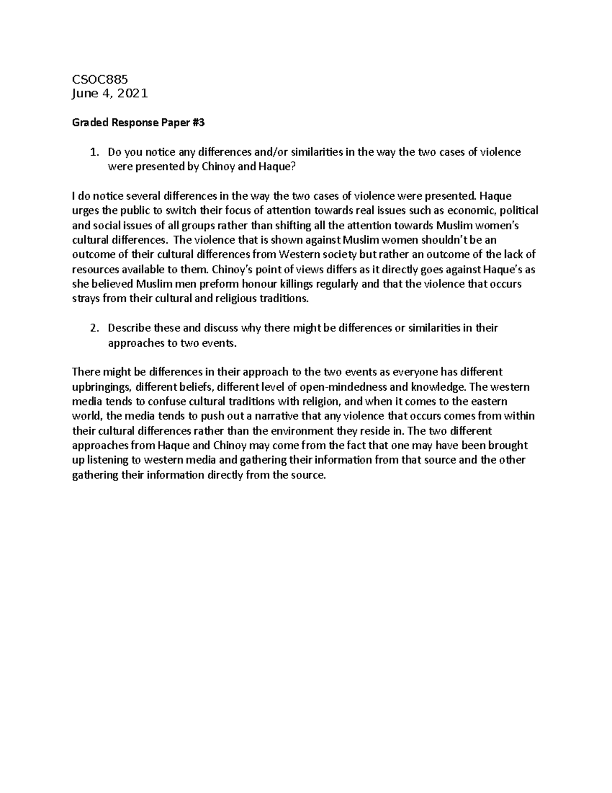 CSOC885 - Graded Paper #3 - CSOC June 4, 2021 Graded Response Paper ...
