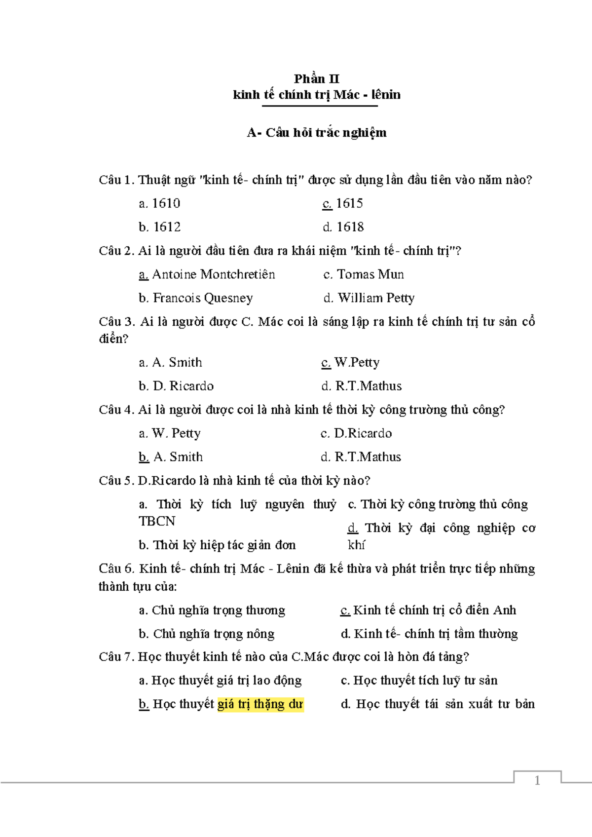 Trắc nghiệm 689 câu hỏi & đáp án KTCT - Kinh tế chính trị Mác-Lênin - Document Preview