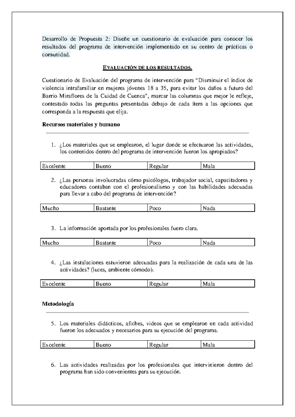 Cuestionario de Evaluación para Propuesta 2: Intervención en Violencia - Document Preview