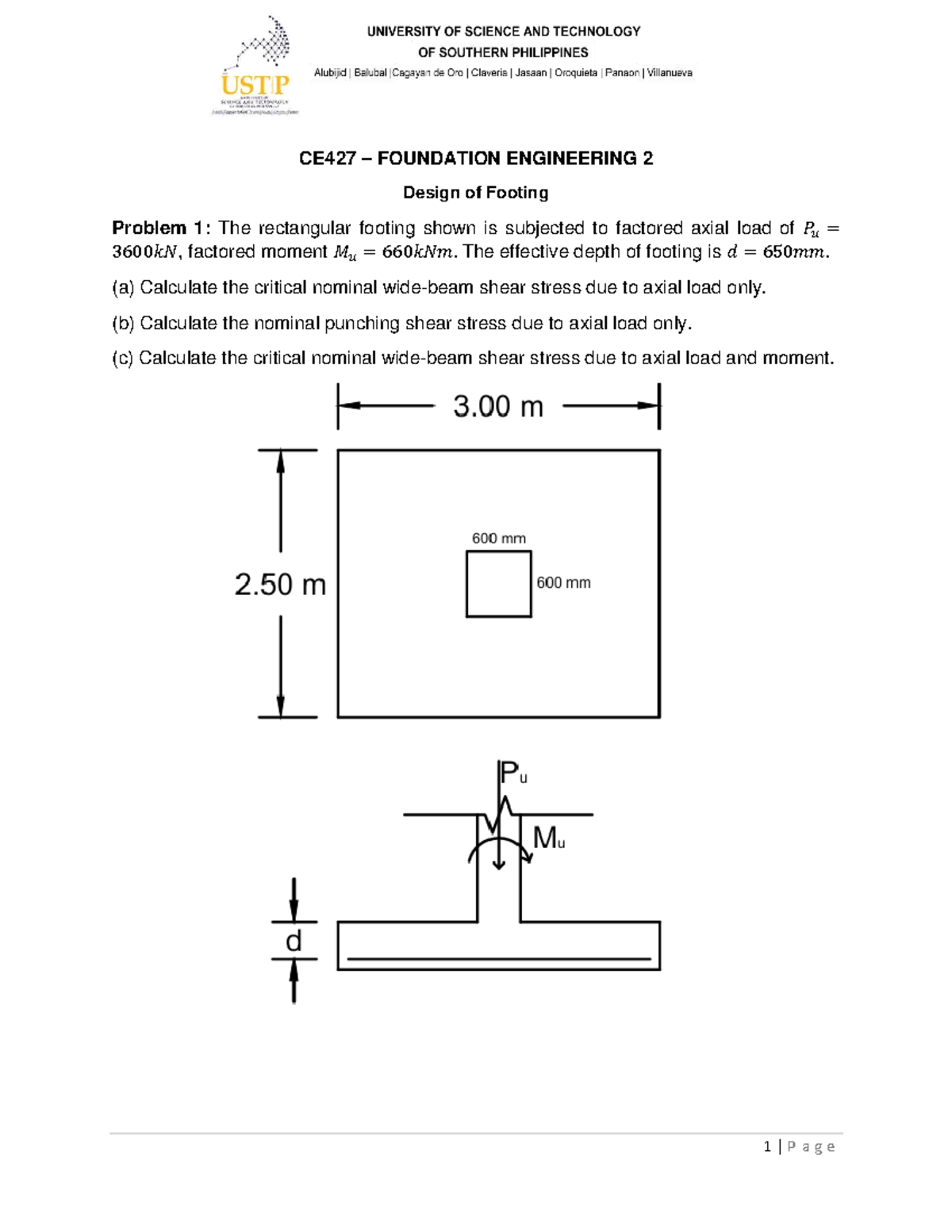 CE427 FOUNDATION ENGINEERING 2: Wide Beam & Punching Shear Practice - Document Preview