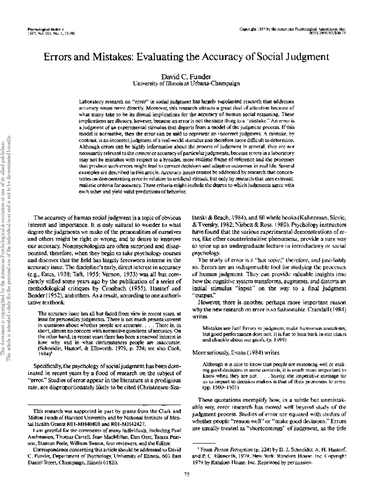 Chapter 2 & 3: Errors vs. Mistakes in Social Judgment (Funder 1987 ...